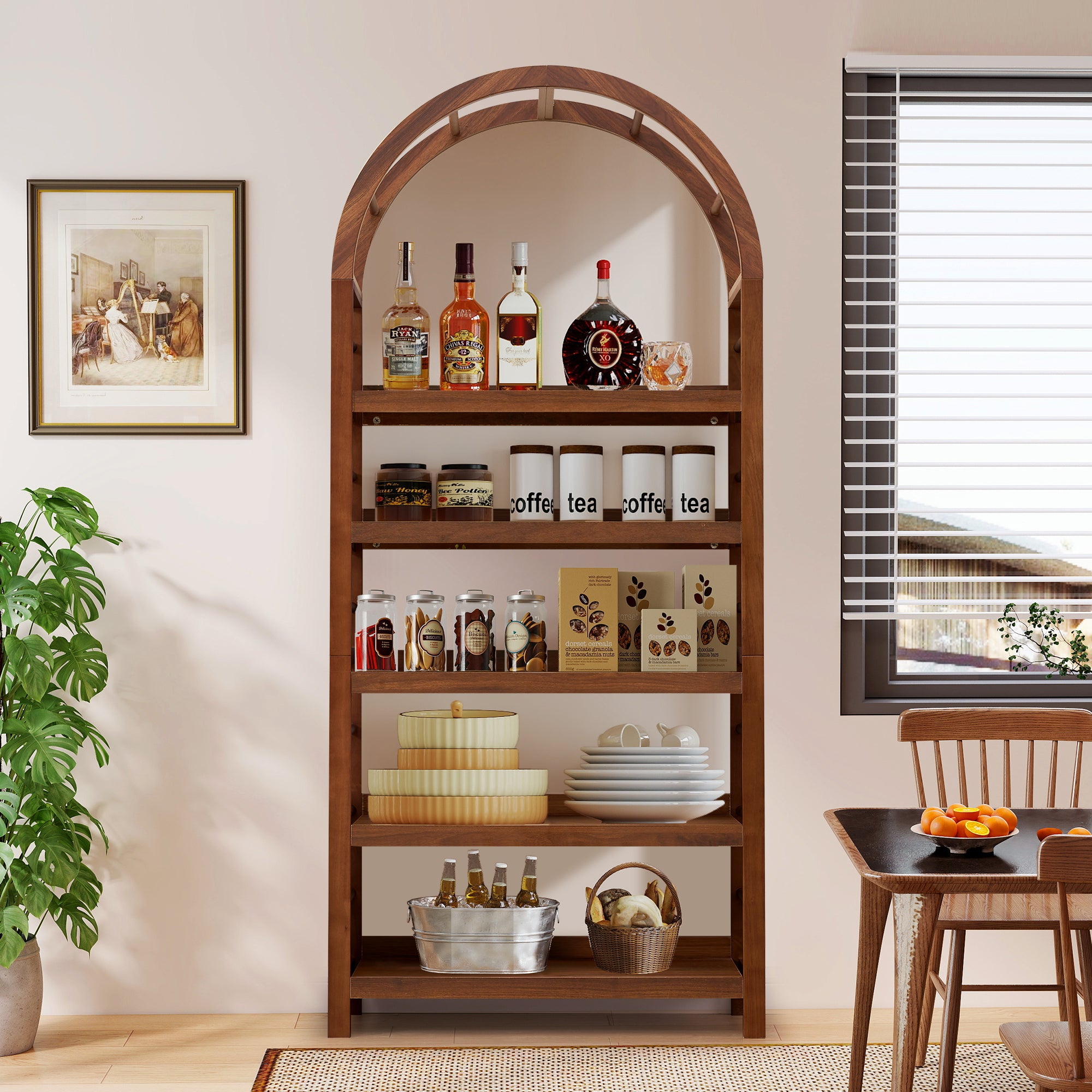 Weselon Tall Arched Bookshelf with 5-Tier Open Display Shelf , Mid Century Modern Fluted Bookshelf , Farmhouse Large Bookcase for Bedroom/Living Room(Oak)
