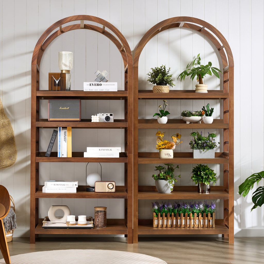 Weselon Tall Arched Bookshelf with 5-Tier Open Display Shelf , Mid Century Modern Fluted Bookshelf , Farmhouse Large Bookcase for Bedroom/Living Room(Oak)