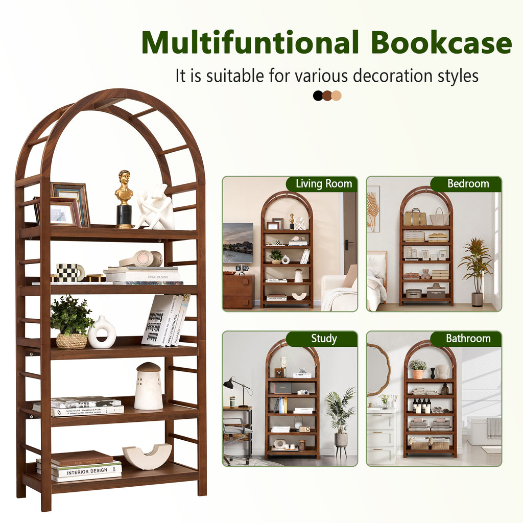 Weselon Tall Arched Bookshelf with 5-Tier Open Display Shelf , Mid Century Modern Fluted Bookshelf , Farmhouse Large Bookcase for Bedroom/Living Room(Oak)