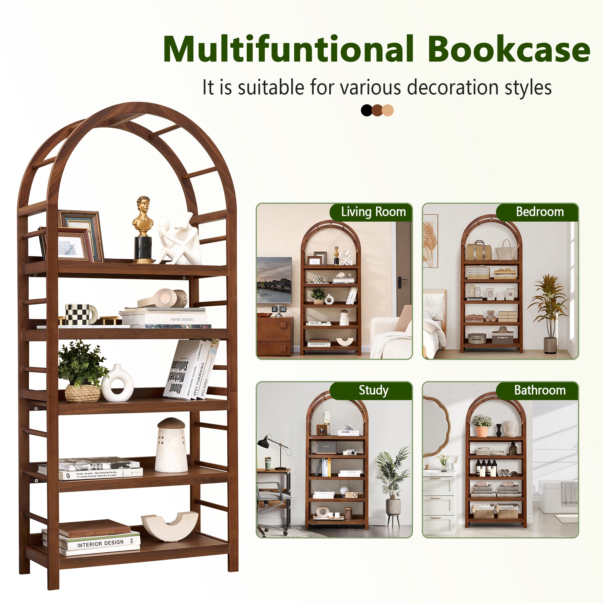 Weselon Tall Arched Bookshelf with 5-Tier Open Display Shelf , Mid Century Modern Fluted Bookshelf , Farmhouse Large Bookcase for Bedroom/Living Room(Oak)