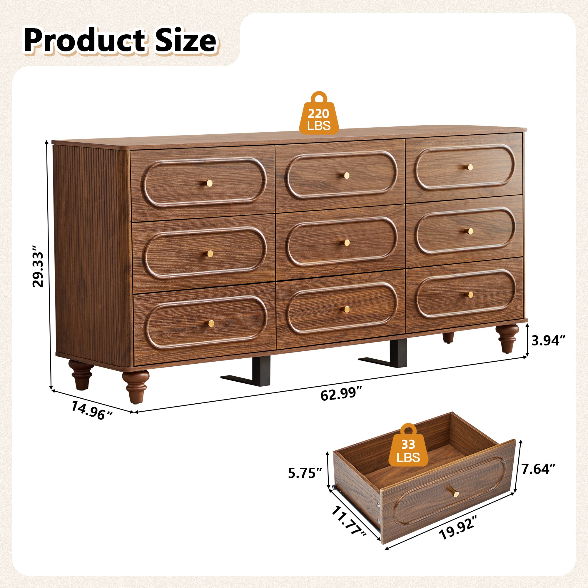 Weselon 9 Drawer Fluted Dresser for Bedroom, Mid Century Chest of Drawers with Arc Edge, Wood Storage Large Dresser Organizer for Bedroom Living Room Hallway Closet