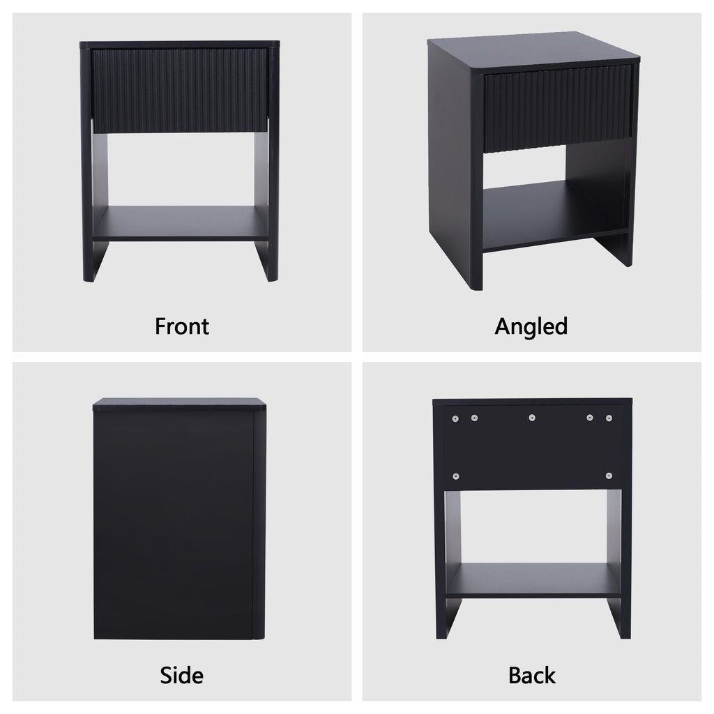 Weselon Modern Fluted Nightstand, Curved Side Bedside Table with Drawer and Open Shelf for Bedroom
