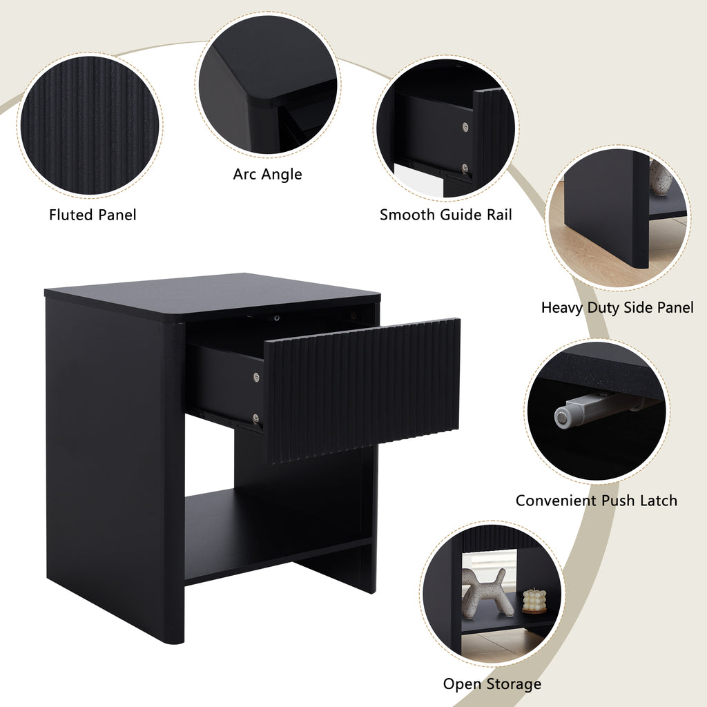 Weselon Modern Fluted Nightstand, Curved Side Bedside Table with Drawer and Open Shelf for Bedroom