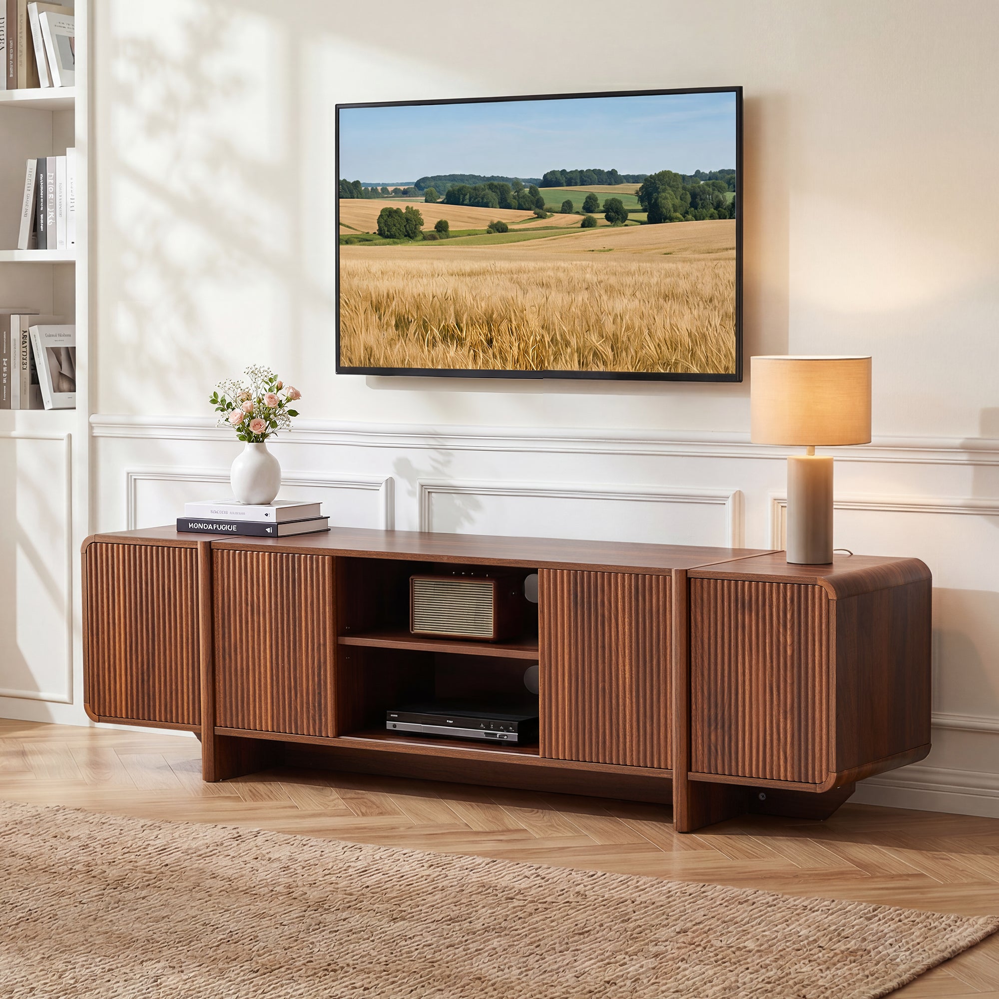 Weselon 70" Curved Edge TV Stand for TVs up to 75", Mid-Century Modern Entertainment Center with Sliding Doors, Walnut Media Console Storage Cabinet