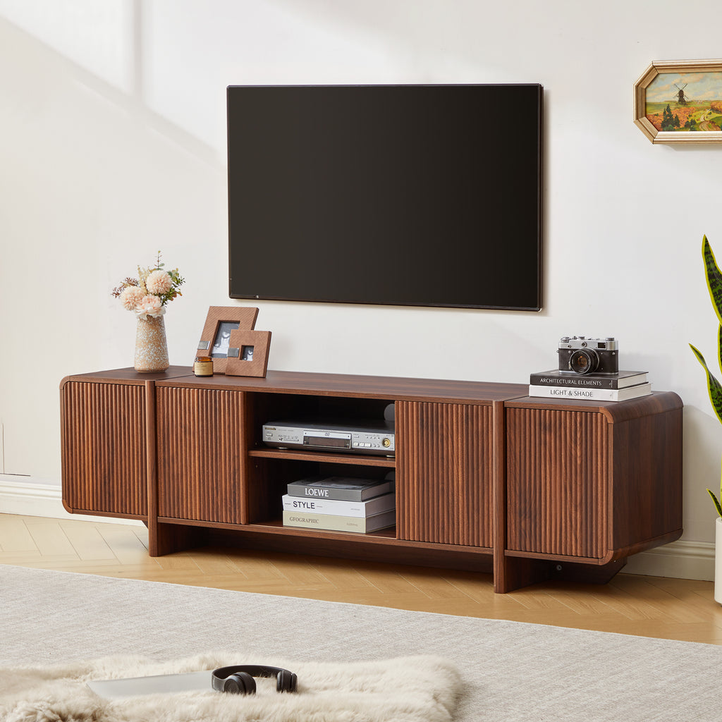Weselon 70" Curved Edge TV Stand for TVs up to 75", Mid-Century Modern Entertainment Center with Sliding Doors, Walnut Media Console Storage Cabinet