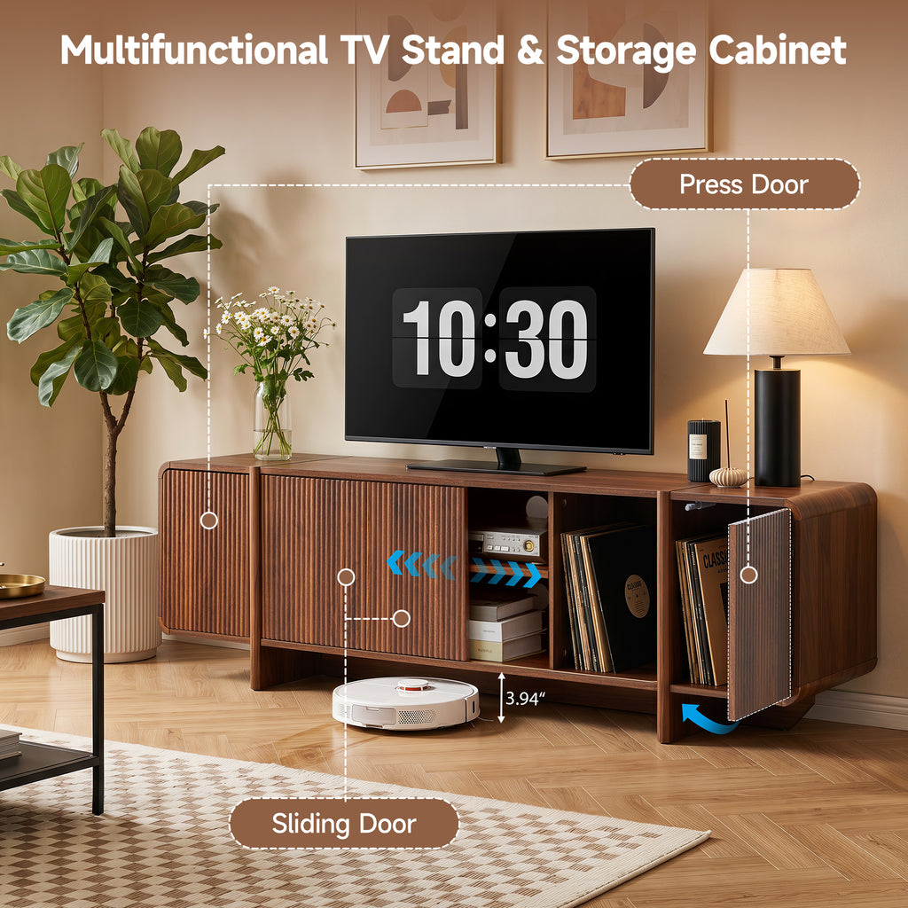 Weselon 70" Curved Edge TV Stand for TVs up to 75", Mid-Century Modern Entertainment Center with Sliding Doors, Walnut Media Console Storage Cabinet