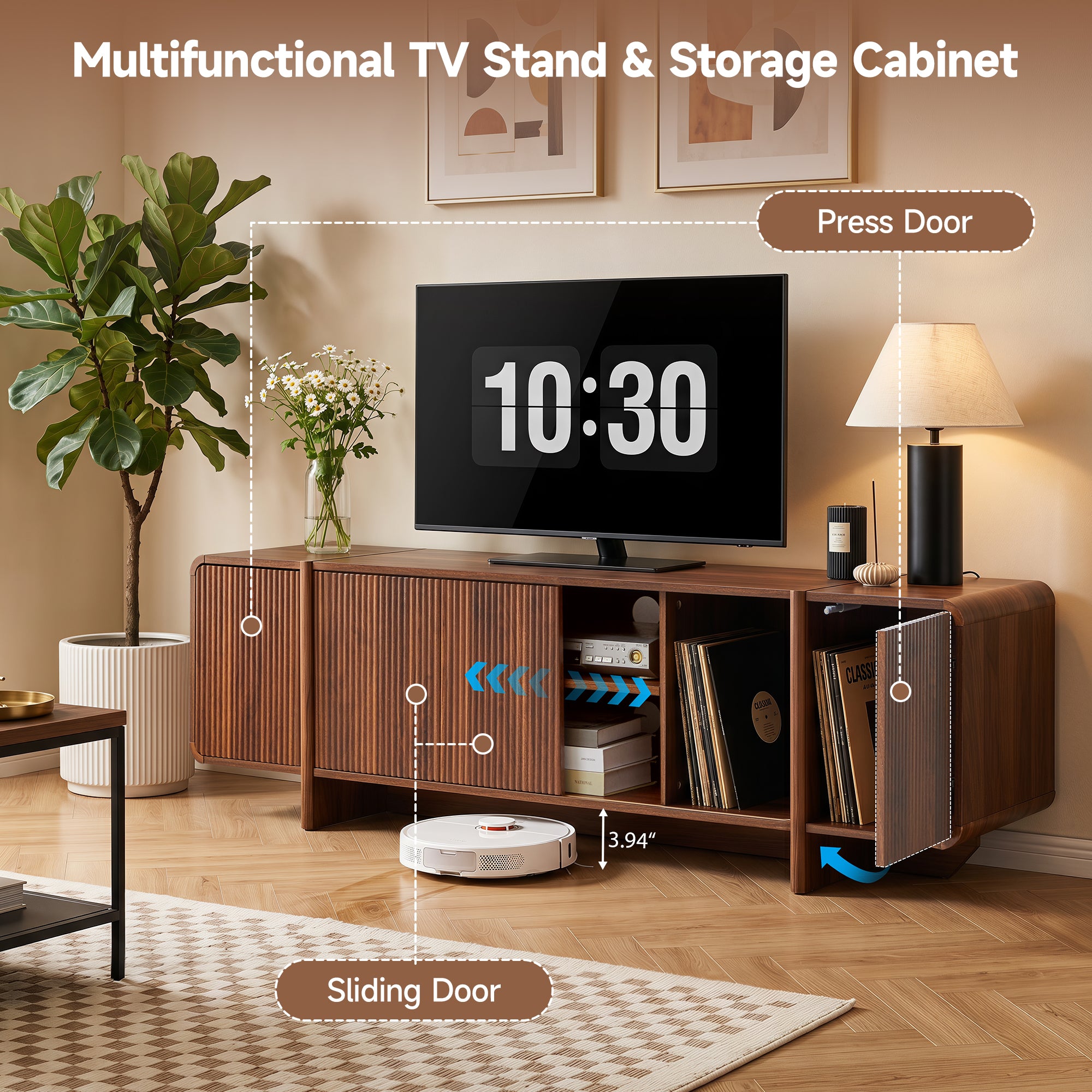Weselon 70" Curved Edge TV Stand for TVs up to 75", Mid-Century Modern Entertainment Center with Sliding Doors, Walnut Media Console Storage Cabinet