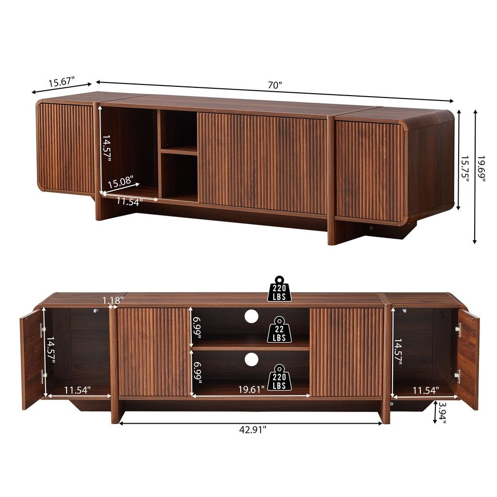 Weselon 70" Curved Edge TV Stand for TVs up to 75", Mid-Century Modern Entertainment Center with Sliding Doors, Walnut Media Console Storage Cabinet