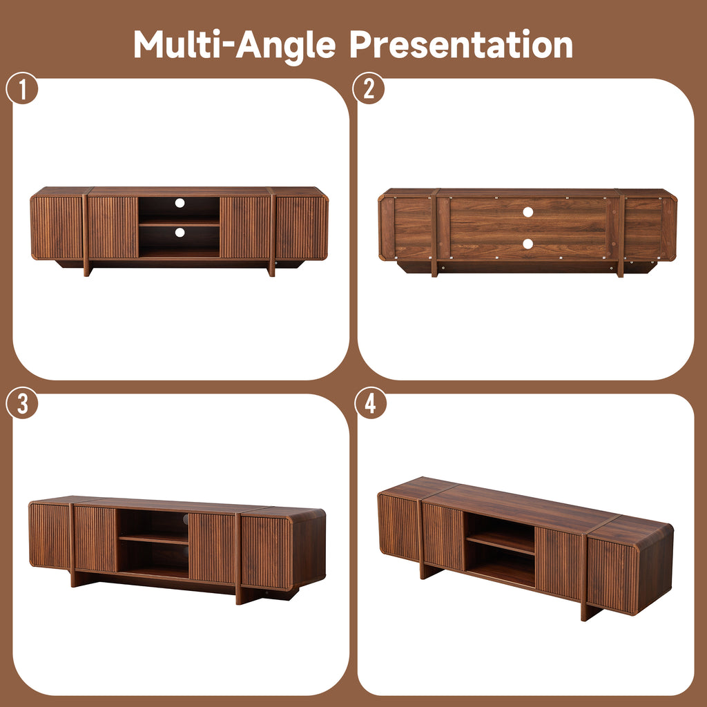 Weselon 70" Curved Edge TV Stand for TVs up to 75", Mid-Century Modern Entertainment Center with Sliding Doors, Walnut Media Console Storage Cabinet