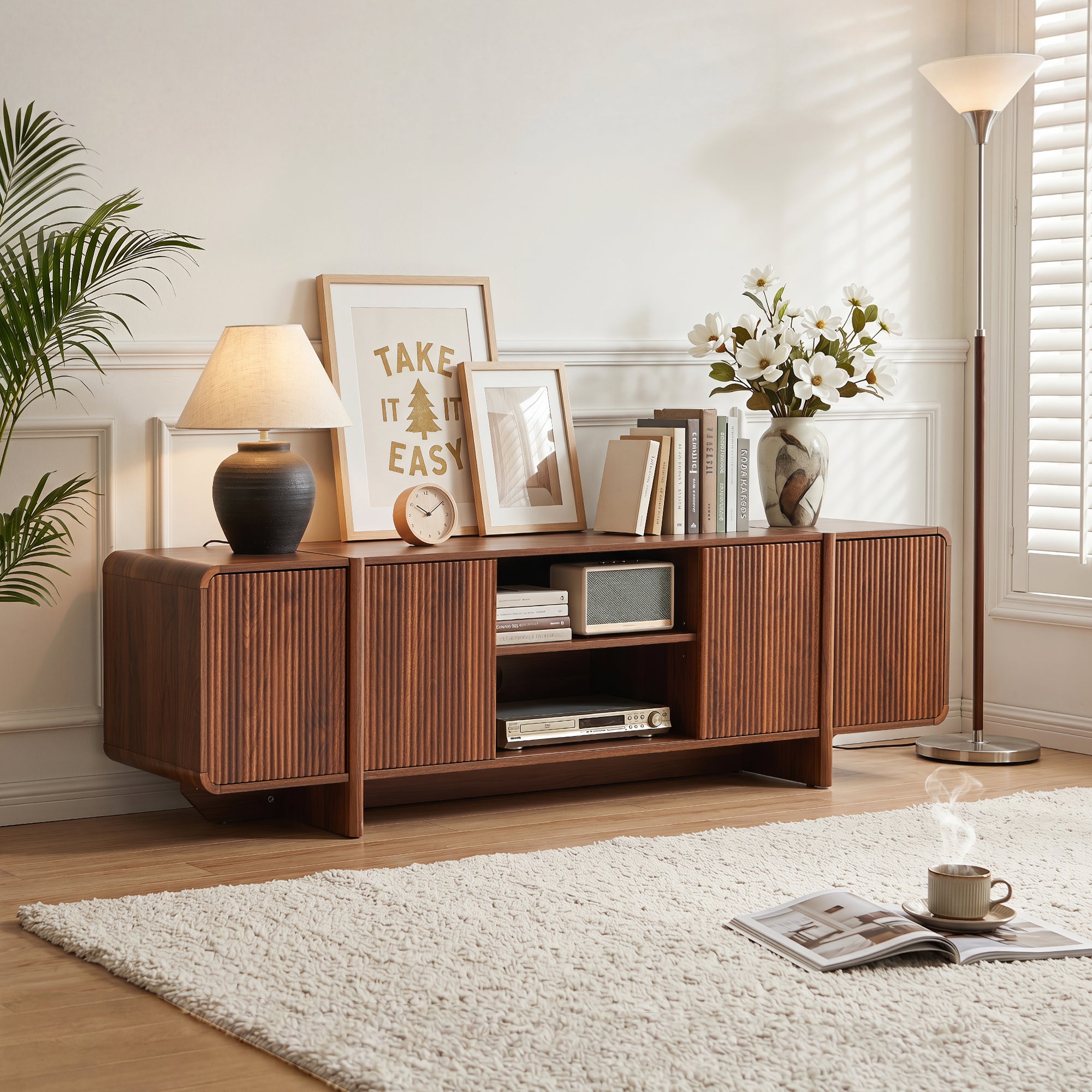 Weselon 70" Curved Edge TV Stand for TVs up to 75", Mid-Century Modern Entertainment Center with Sliding Doors, Walnut Media Console Storage Cabinet