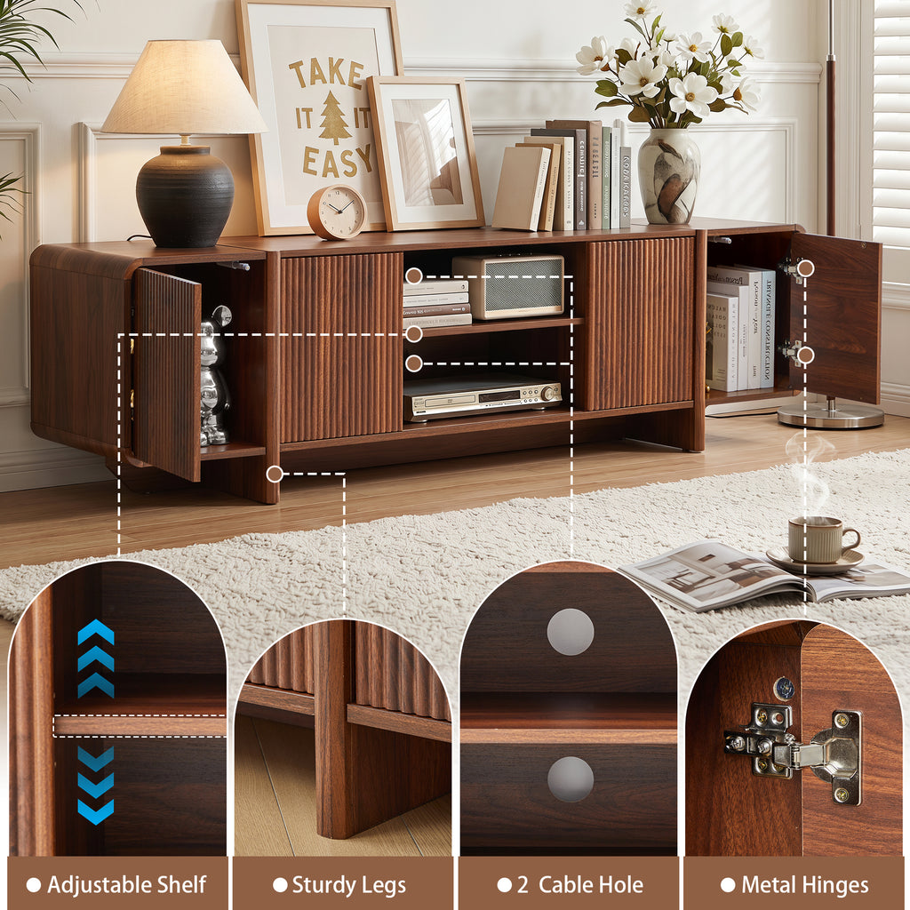 Weselon 70" Curved Edge TV Stand for TVs up to 75", Mid-Century Modern Entertainment Center with Sliding Doors, Walnut Media Console Storage Cabinet