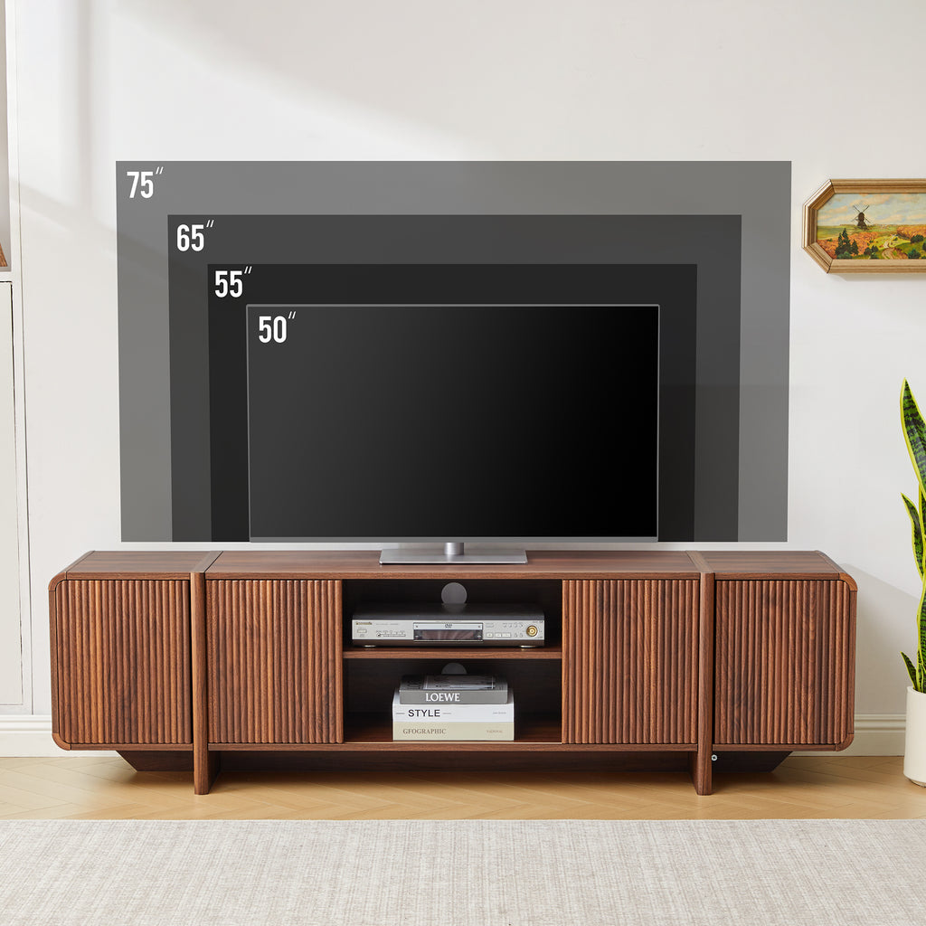 Weselon 70" Curved Edge TV Stand for TVs up to 75", Mid-Century Modern Entertainment Center with Sliding Doors, Walnut Media Console Storage Cabinet