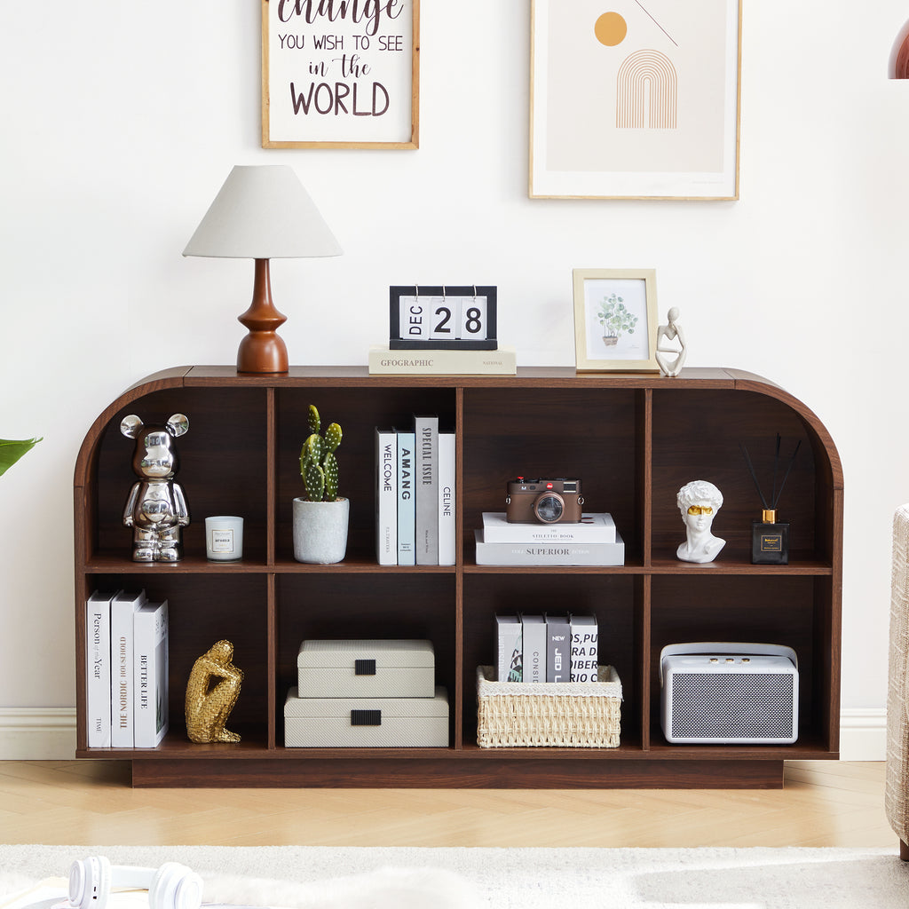 Weselon 55" Long Curved Horizontal Bookcase with 8-Cube Storage, Mid-Century Modern Low Bookshelf Storage Cabinet for Living Room, Entryway