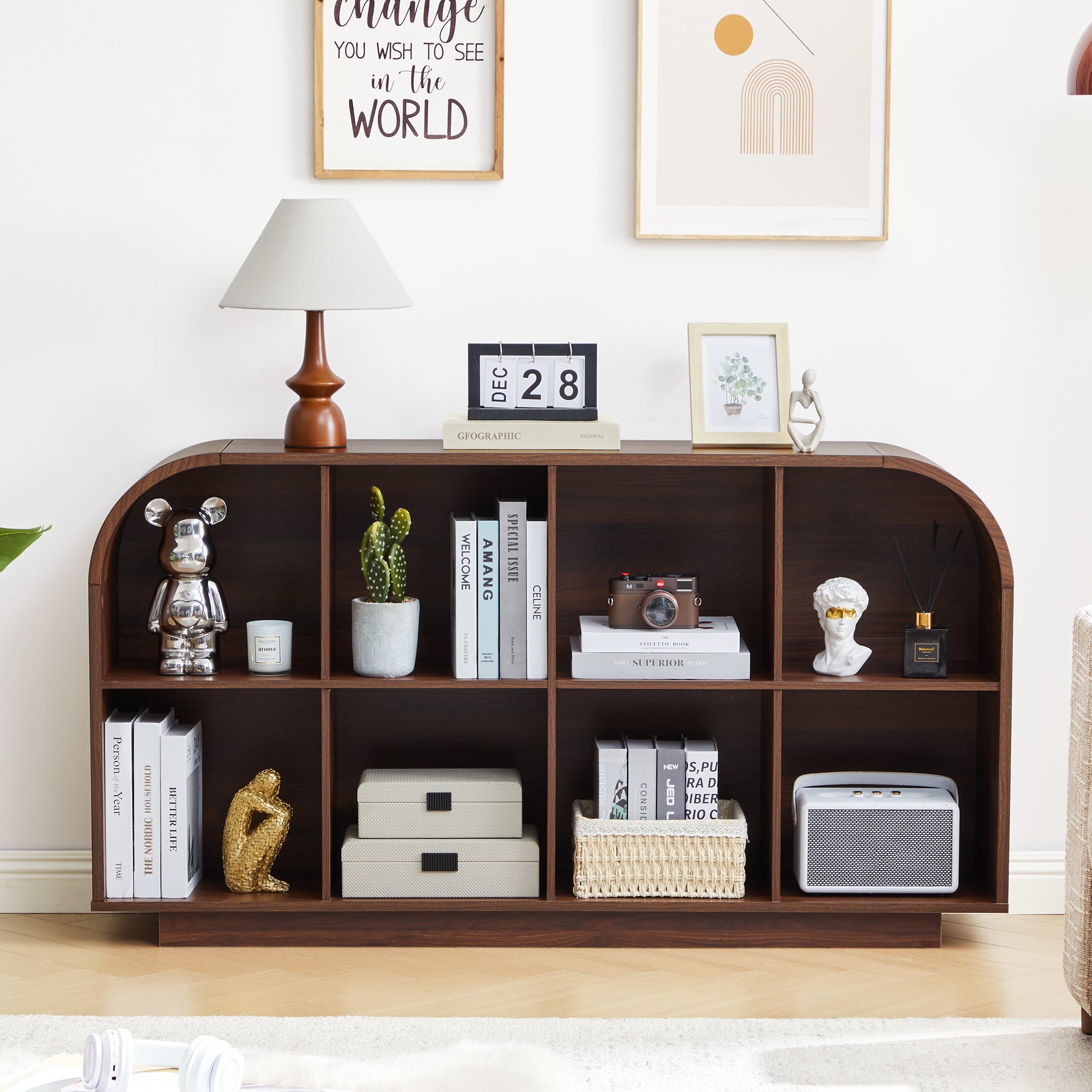 Weselon 55" Long Curved Horizontal Bookcase with 8-Cube Storage, Mid-Century Modern Low Bookshelf Storage Cabinet for Living Room, Entryway