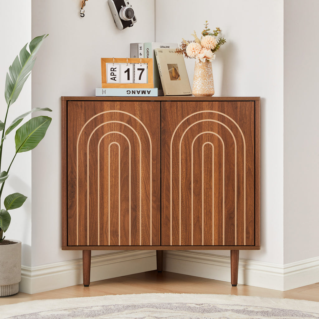 Weselon 30" Arched Relief Corner Cabinet, Mid-Century Modern Bathroom Storage Organizer with Tapered Solid Wood Legs, Walnut Entryway Accent Cabinet