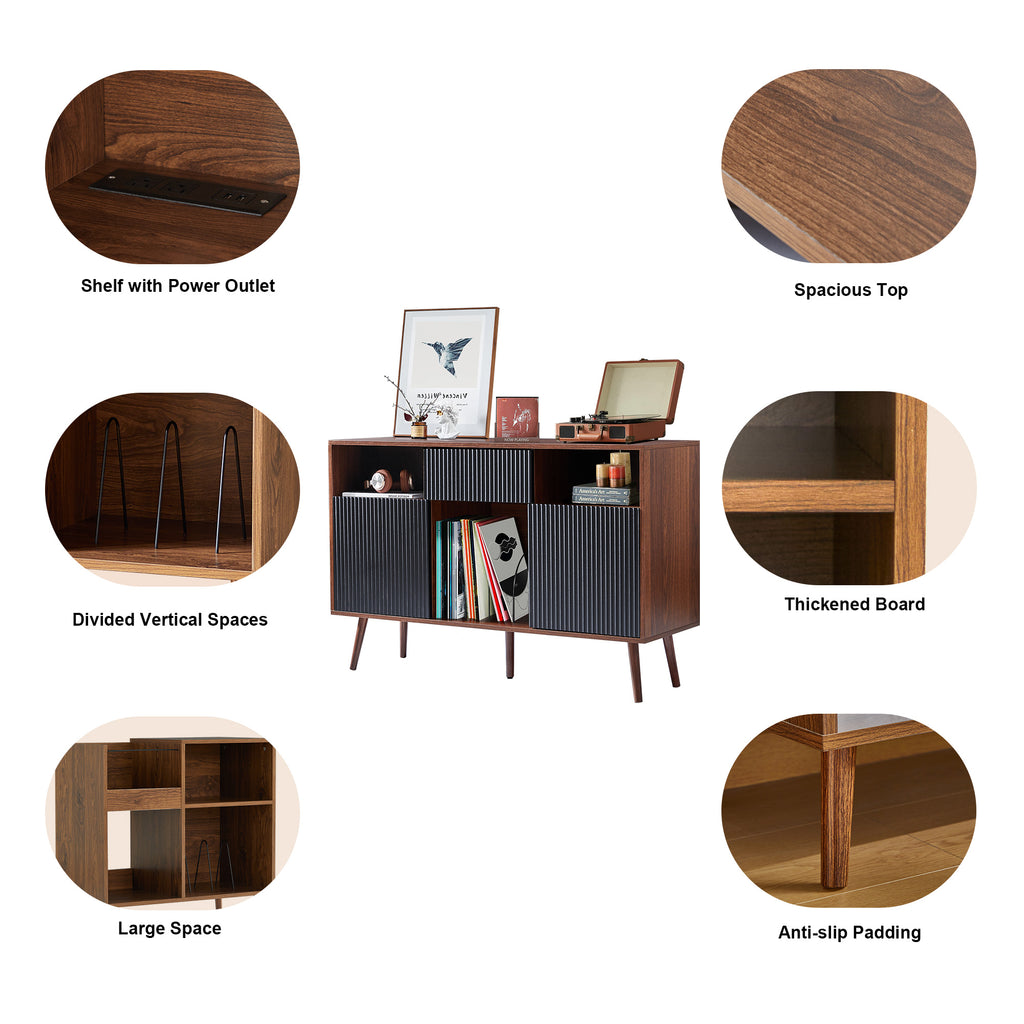 Weselon Record Storage Cabinet with Power Outlet,Record Player Stand,Record Player Table Holds up to 250 Albums,Turntable Stand Display Shelf with Wood Legs for Living Room Bedroom,Walnut Brown