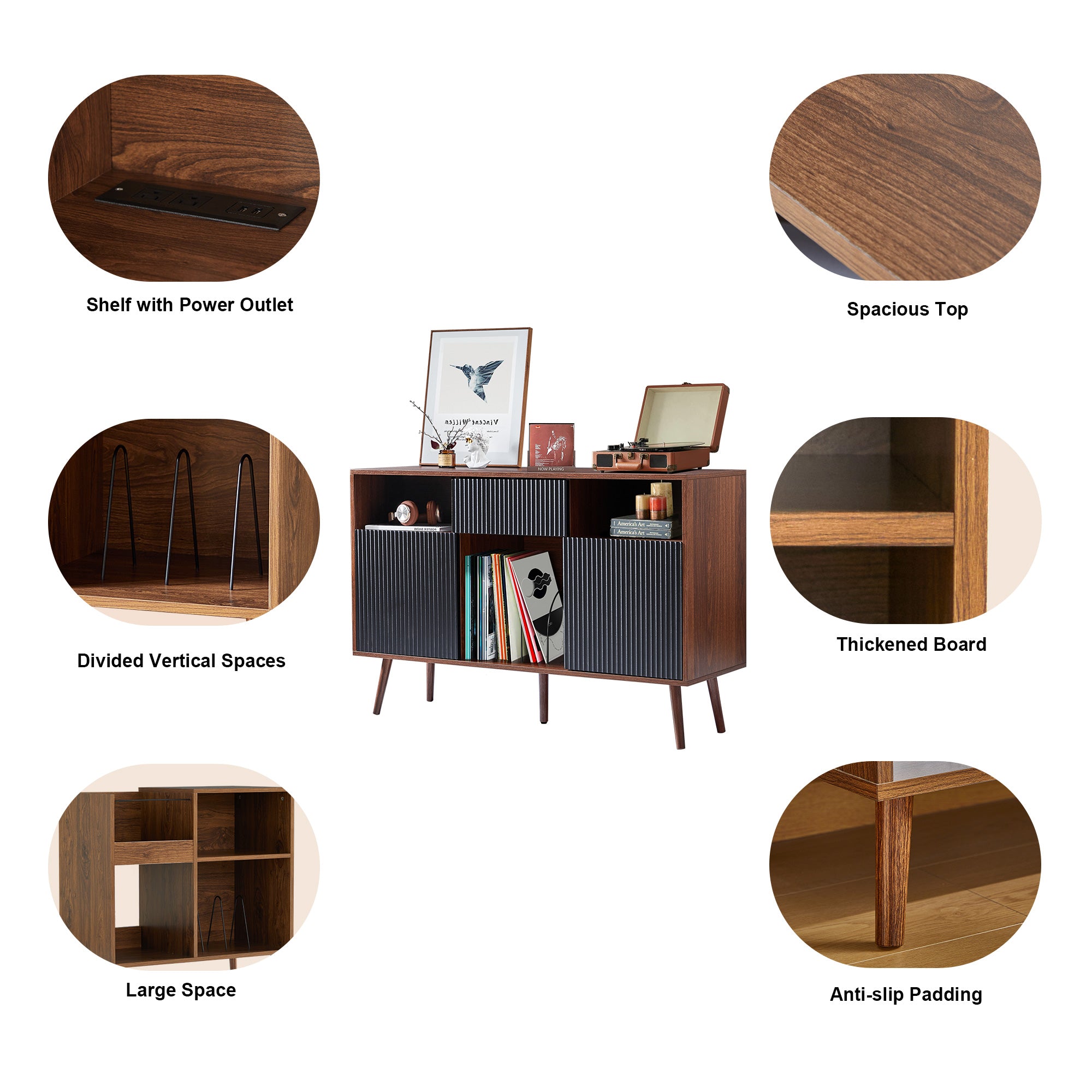 Weselon Record Storage Cabinet with Power Outlet,Record Player Stand,Record Player Table Holds up to 250 Albums,Turntable Stand Display Shelf with Wood Legs for Living Room Bedroom,Walnut Brown