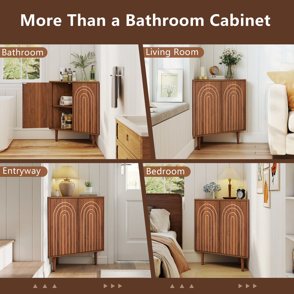 Weselon 30" Arched Relief Corner Cabinet, Mid-Century Modern Bathroom Storage Organizer with Tapered Solid Wood Legs, Walnut Entryway Accent Cabinet