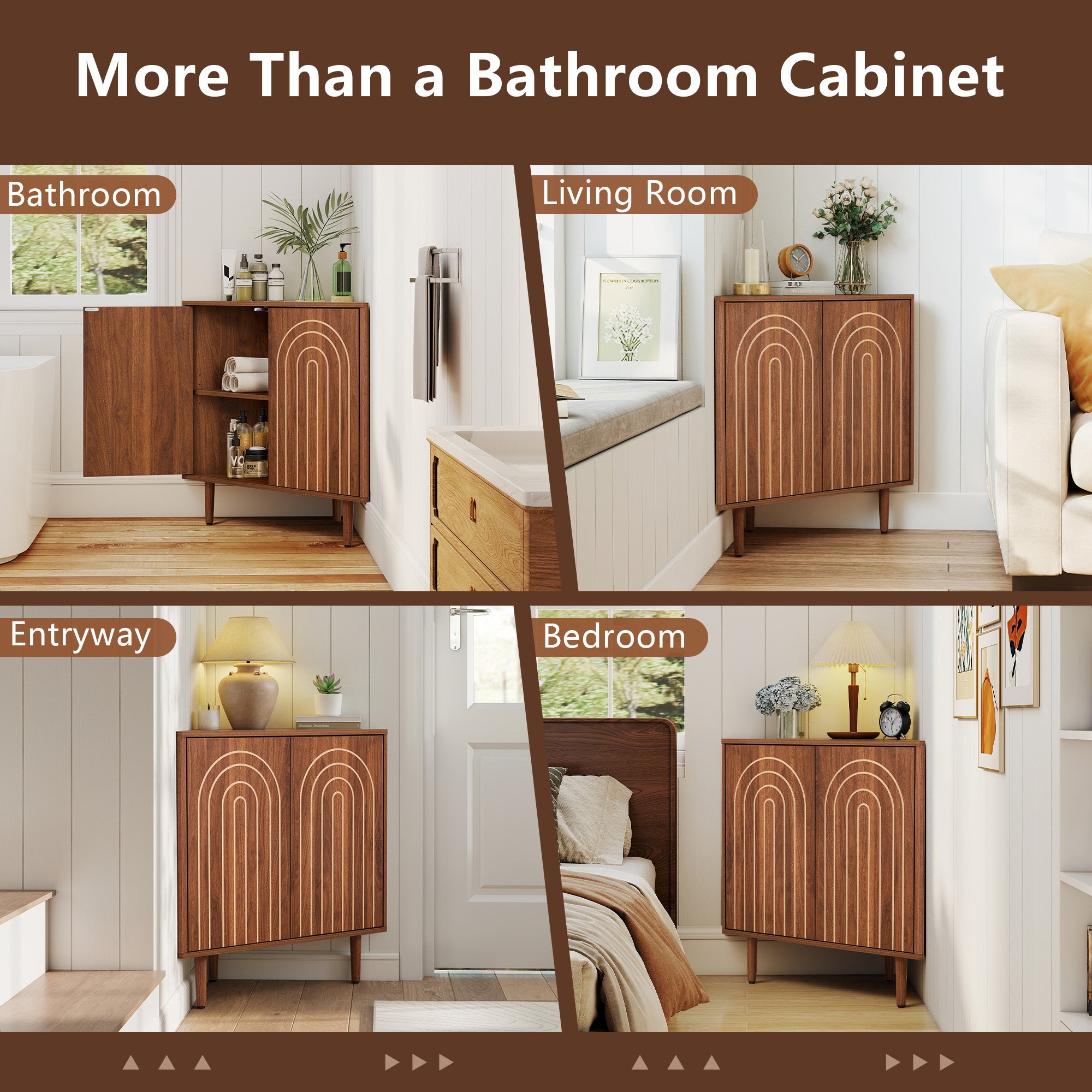 Weselon 30" Arched Relief Corner Cabinet, Mid-Century Modern Bathroom Storage Organizer with Tapered Solid Wood Legs, Walnut Entryway Accent Cabinet