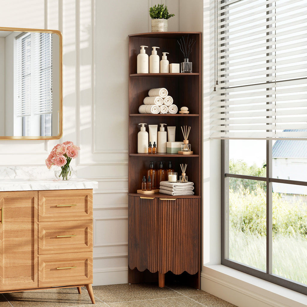 Weselon 67" Tall Corner Cabinet with Fluted Doors, 5-Tier Mid-Century Modern Corner Accent Cabinet for Living Room, Kitchen and Bathroom
