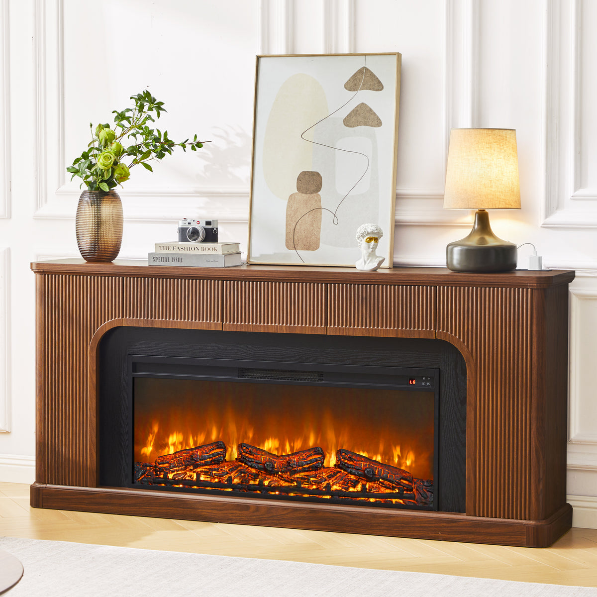 Weselon 70" Modern Fluted Electric Fireplace Mantel, Ultra-Slim Fireplace TV Stand with 3 Drawers and Charging Station for Wall Mounted TV
