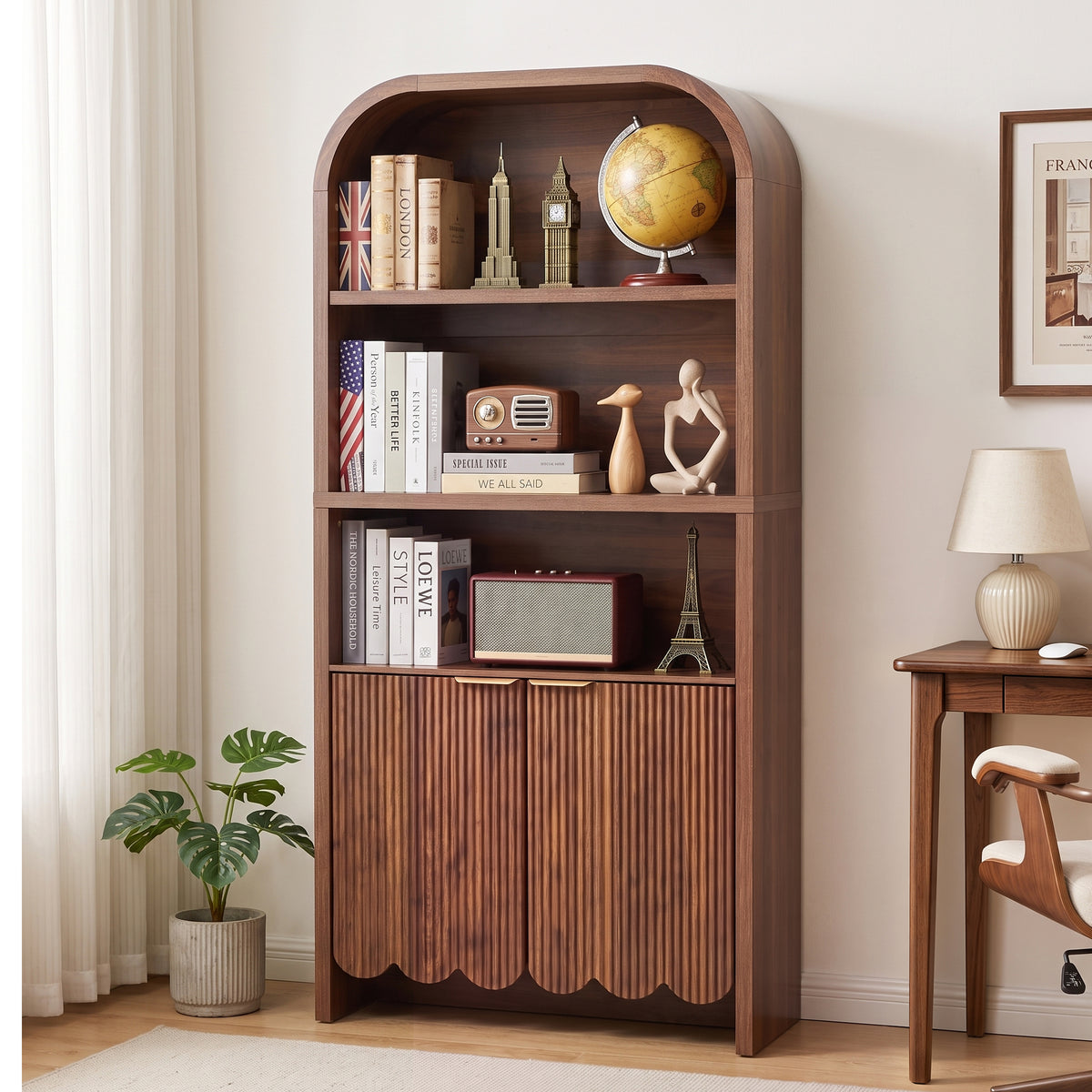 Weselon 70.86" Tall Arched Bookshelf with Fluted Doors, Modern Wooden Bookcase Cabinet, 5-Tier Walnut Display Shelf for Living Room Home Office