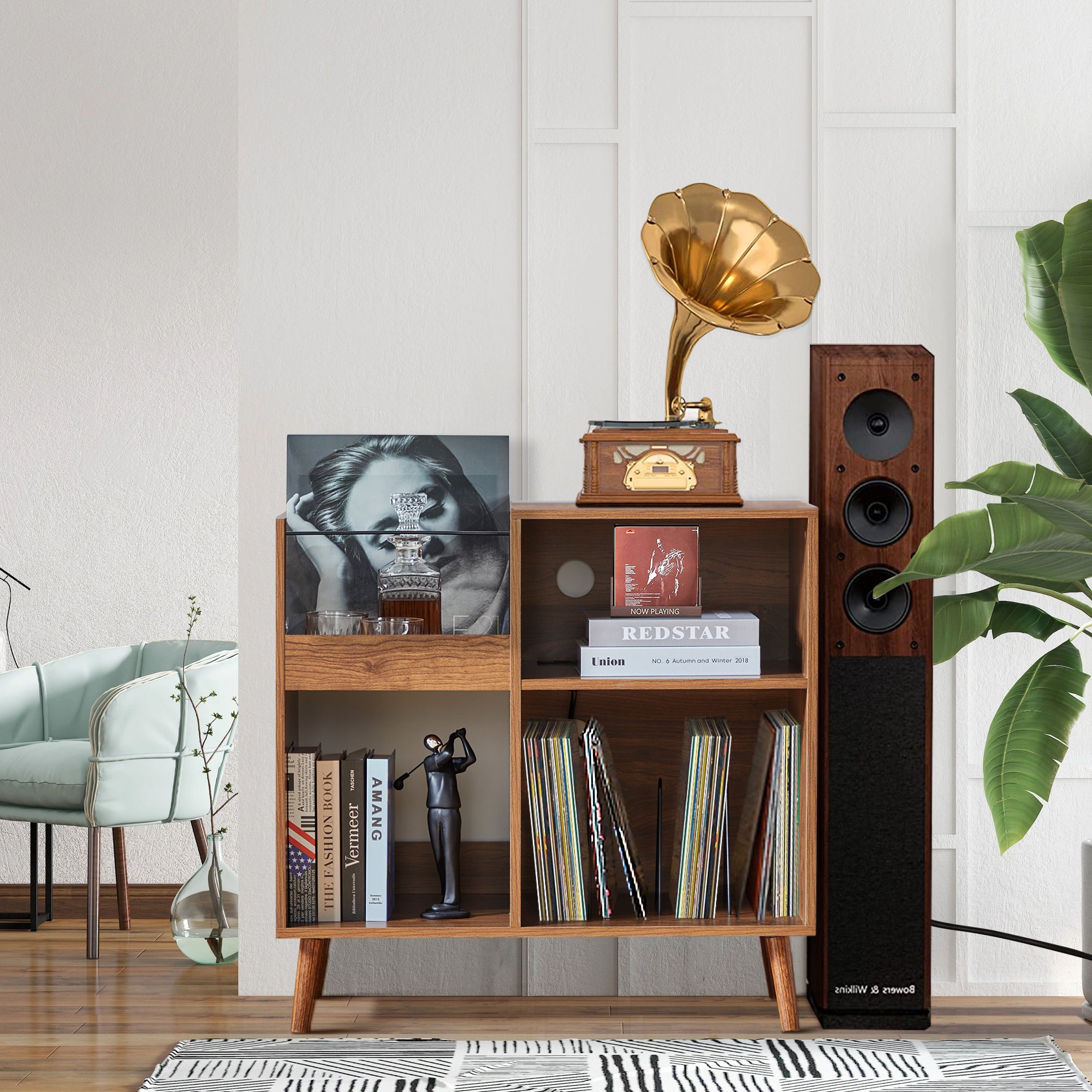 Weselon Record Storage Cabinet with Power Outlet,Record Player Stand,Record Player Table Holds up to 250 Albums,Turntable Stand Display Shelf with Wood Legs for Living Room Bedroom,Walnut Brown