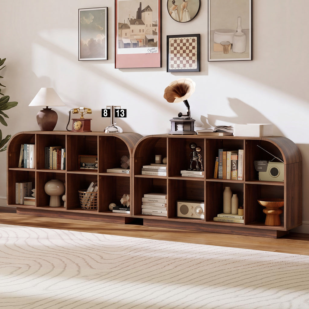 Weselon 55" Long Curved Horizontal Bookcase with 8-Cube Storage, Mid-Century Modern Low Bookshelf Storage Cabinet for Living Room, Entryway