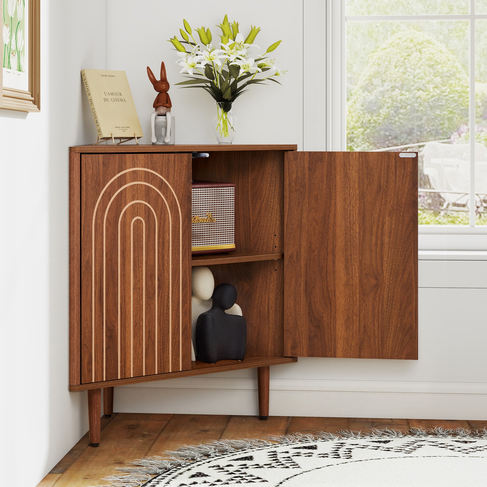 Weselon 30" Arched Relief Corner Cabinet, Mid-Century Modern Bathroom Storage Organizer with Tapered Solid Wood Legs, Walnut Entryway Accent Cabinet