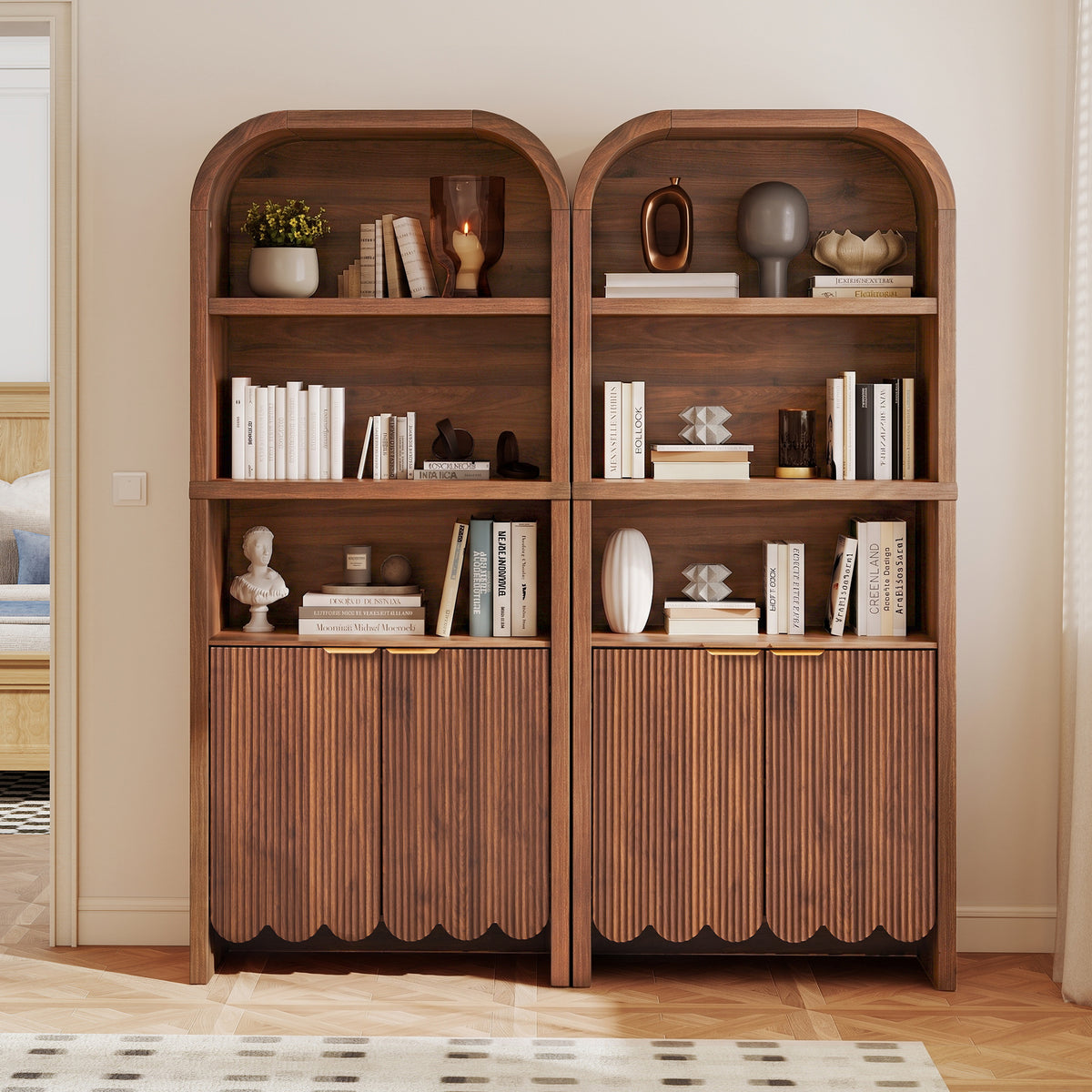 Weselon 70.86" Tall Arched Bookshelf with Fluted Doors, Modern Wooden Bookcase Cabinet, 5-Tier Walnut Display Shelf for Living Room Home Office