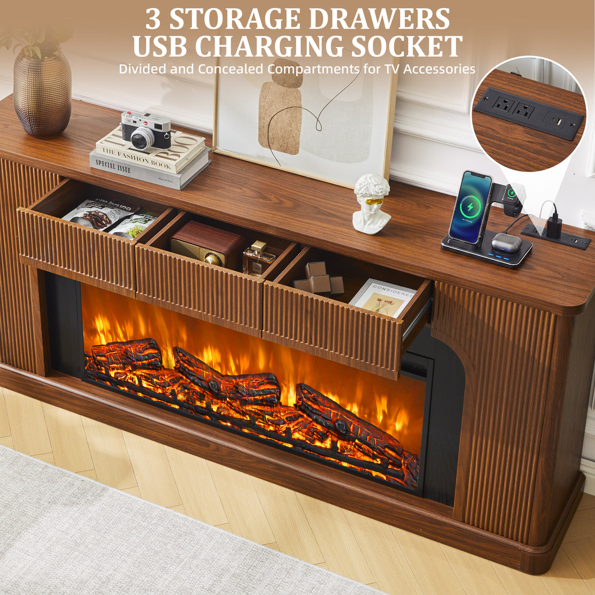 Weselon 70" Modern Fluted Electric Fireplace Mantel, Ultra-Slim Fireplace TV Stand with 3 Drawers and Charging Station for Wall Mounted TV