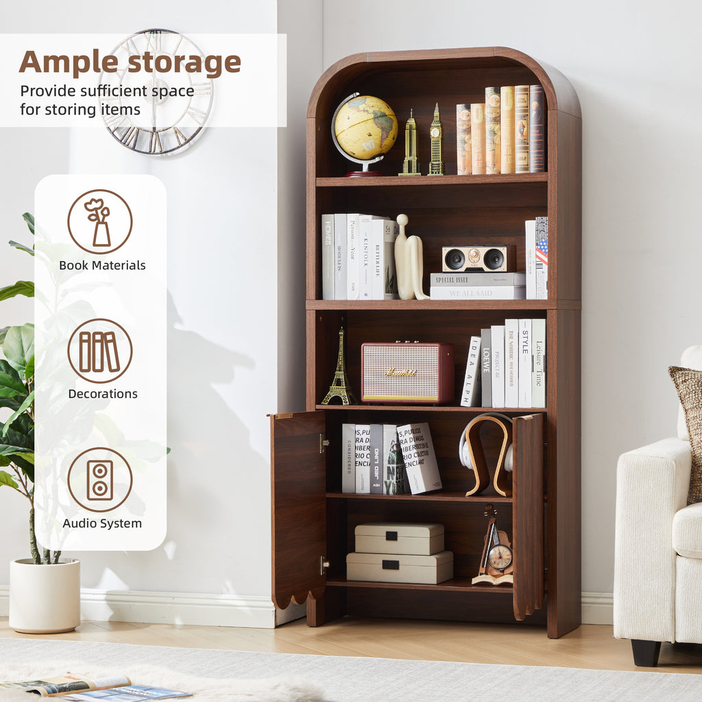 Weselon 70.86" Tall Arched Bookshelf with Fluted Doors, Modern Wooden Bookcase Cabinet, 5-Tier Walnut Display Shelf for Living Room Home Office
