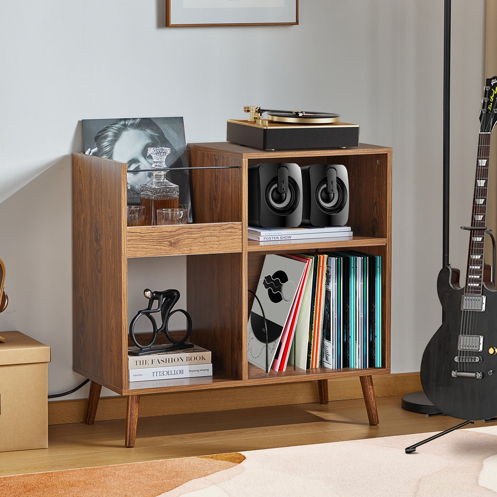 Weselon Record Storage Cabinet with Power Outlet,Record Player Stand,Record Player Table Holds up to 250 Albums,Turntable Stand Display Shelf with Wood Legs for Living Room Bedroom,Walnut Brown