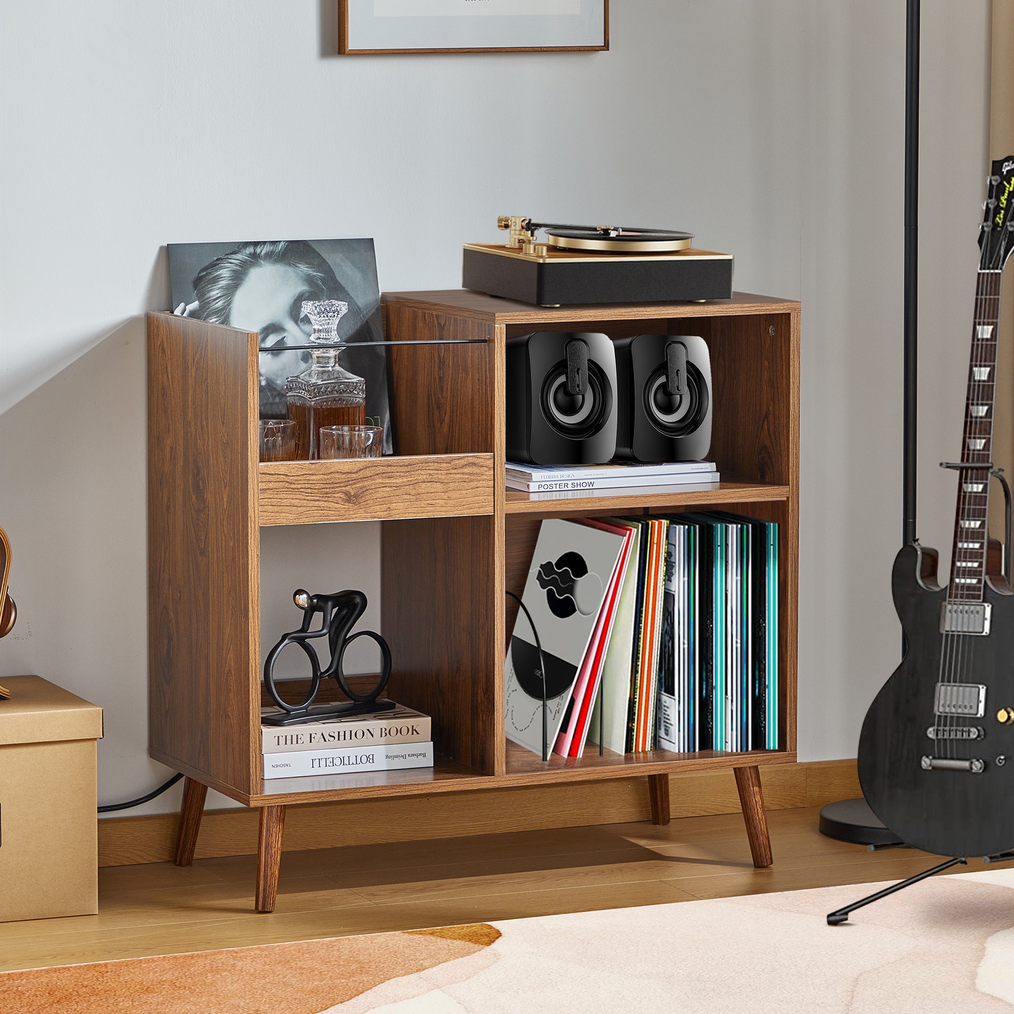 Weselon Record Storage Cabinet with Power Outlet,Record Player Stand,Record Player Table Holds up to 250 Albums,Turntable Stand Display Shelf with Wood Legs for Living Room Bedroom,Walnut Brown