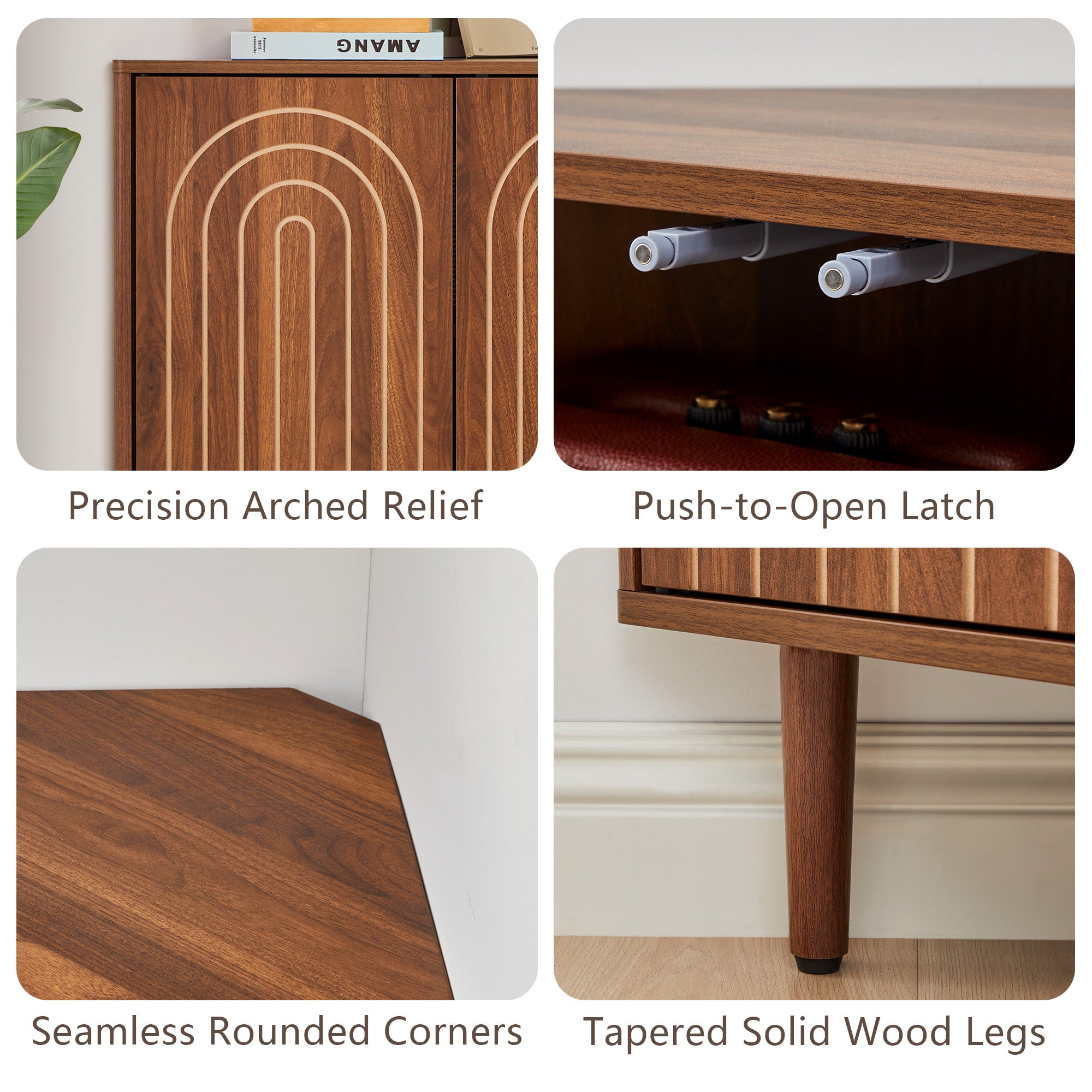 Weselon 30" Arched Relief Corner Cabinet, Mid-Century Modern Bathroom Storage Organizer with Tapered Solid Wood Legs, Walnut Entryway Accent Cabinet