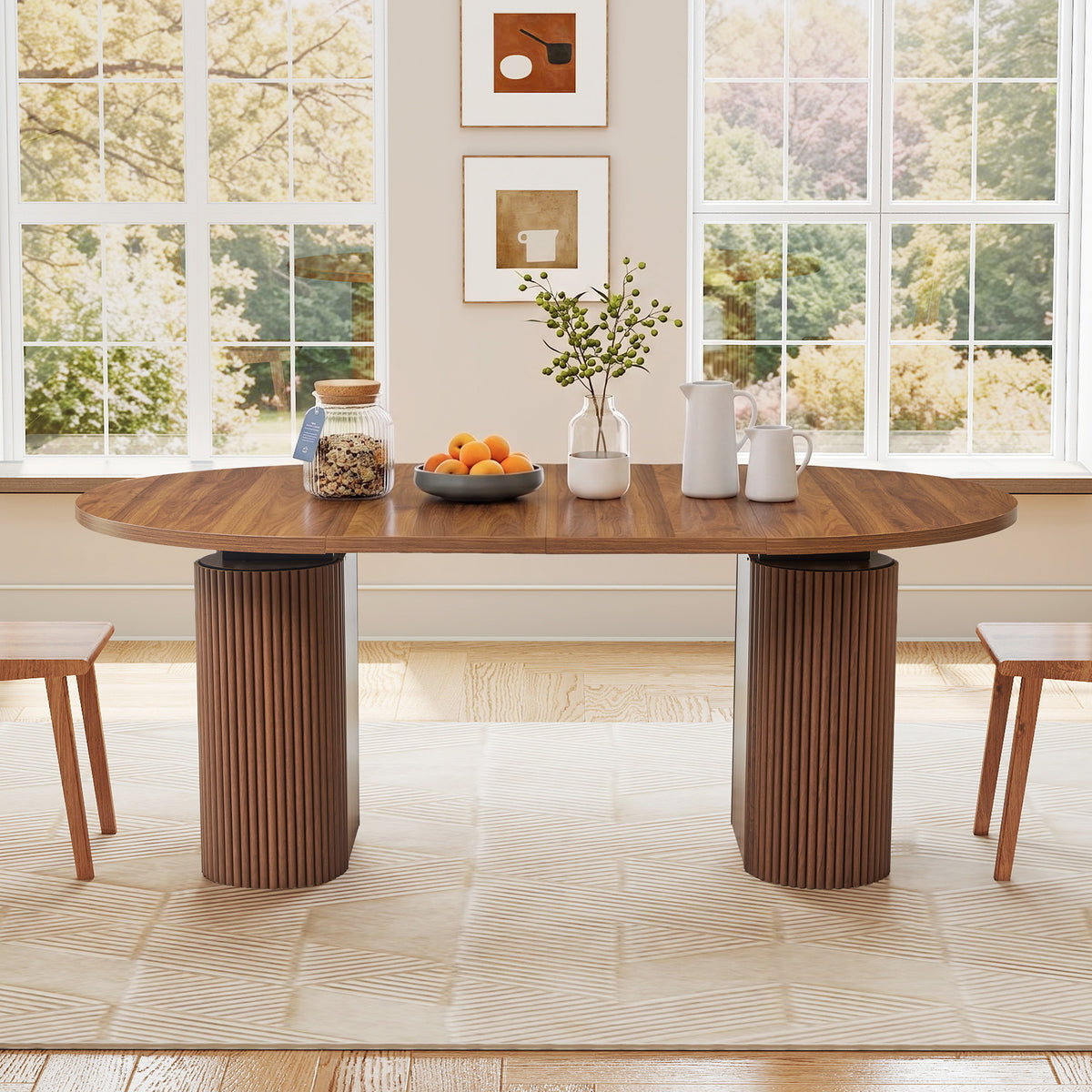 Weselon 43"-75" Extendable Dining Table for 2-8, Modern Oval Kitchen Table with Pedestal Base Legs, Walnut Round to Oval Wooden Dining Room Table