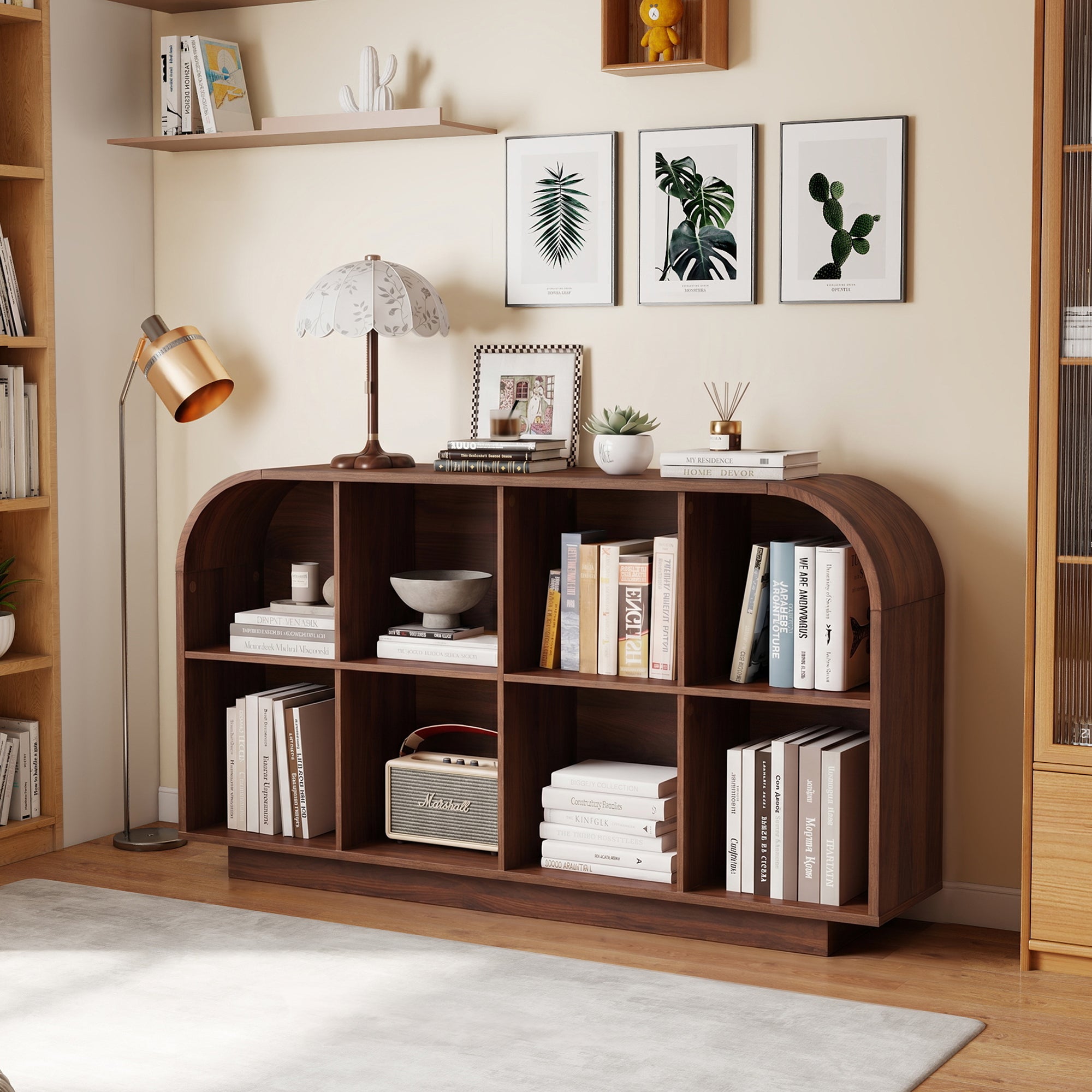Weselon 55" Long Curved Horizontal Bookcase with 8-Cube Storage, Mid-Century Modern Low Bookshelf Storage Cabinet for Living Room, Entryway