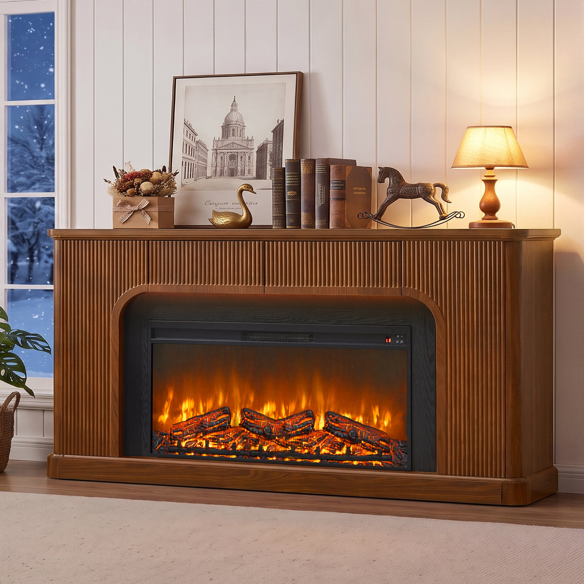 Weselon 70" Modern Fluted Electric Fireplace Mantel, Ultra-Slim Fireplace TV Stand with 3 Drawers and Charging Station for Wall Mounted TV