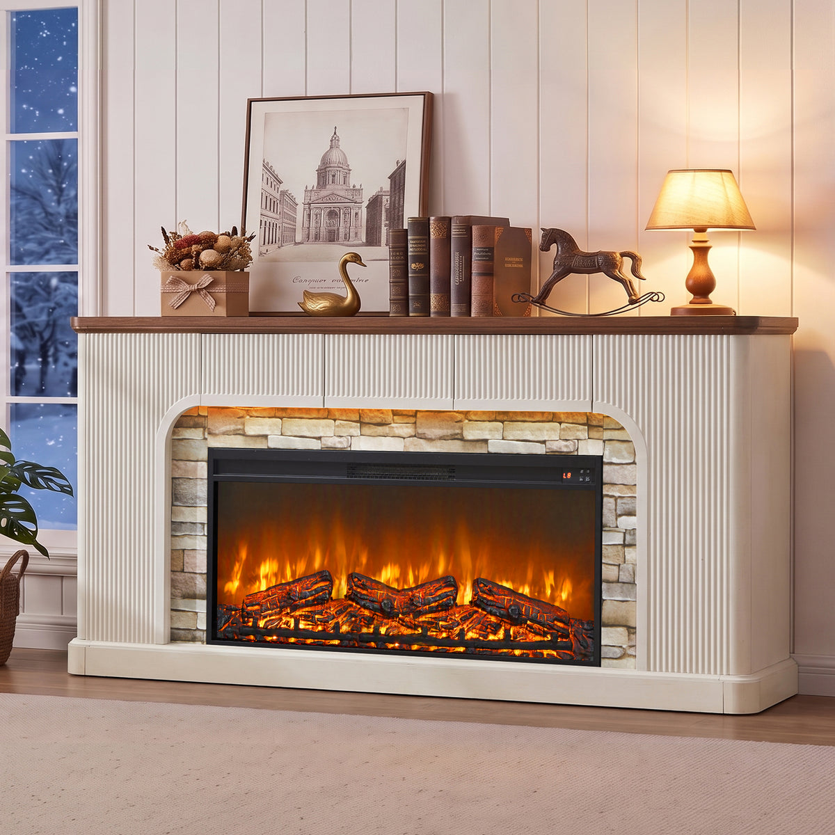 Weselon 70" Modern Fluted Electric Fireplace Mantel, Ultra-Slim Fireplace TV Stand with 3 Drawers and Charging Station for Wall Mounted TV