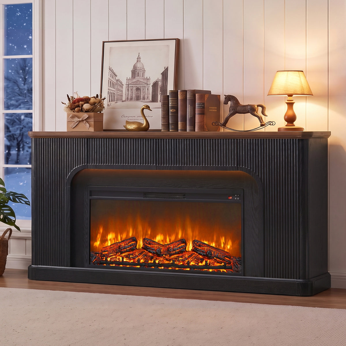Weselon 70" Modern Fluted Electric Fireplace Mantel, Ultra-Slim Fireplace TV Stand with 3 Drawers and Charging Station for Wall Mounted TV