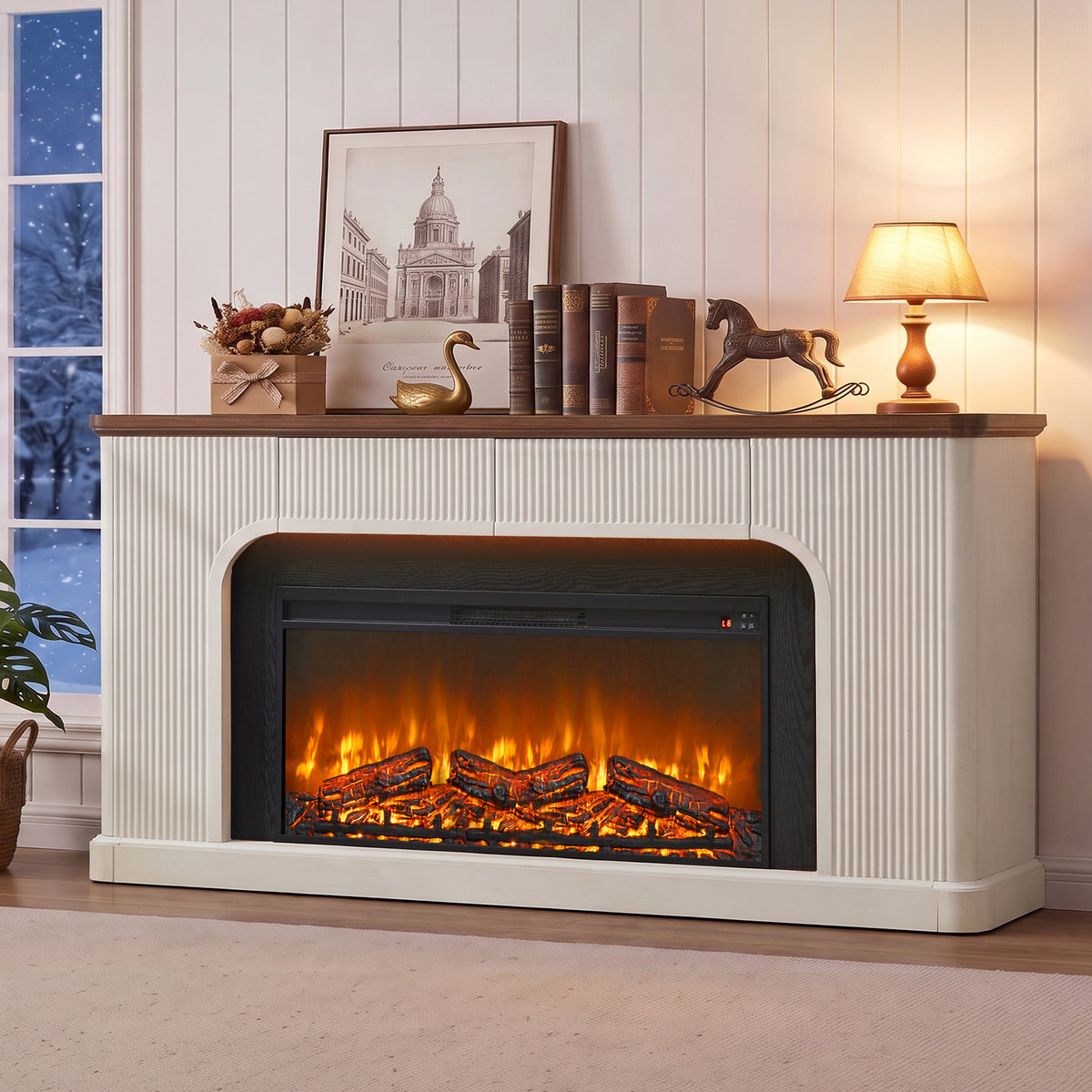 Weselon 70" Modern Fluted Electric Fireplace Mantel, Ultra-Slim Fireplace TV Stand with 3 Drawers and Charging Station for Wall Mounted TV