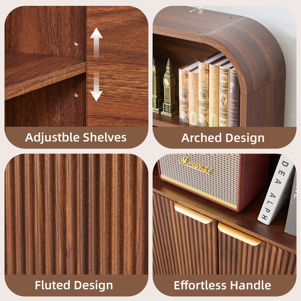 Weselon 70.86" Tall Arched Bookshelf with Fluted Doors, Modern Wooden Bookcase Cabinet, 5-Tier Walnut Display Shelf for Living Room Home Office