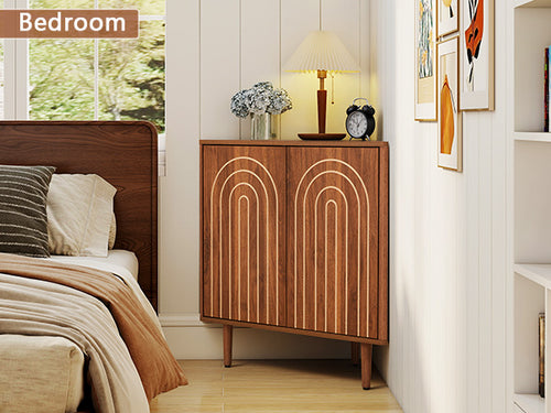 Weselon 30" Arched Relief Corner Cabinet, Mid-Century Modern Bathroom Storage Organizer with Tapered Solid Wood Legs, Walnut Entryway Accent Cabinet