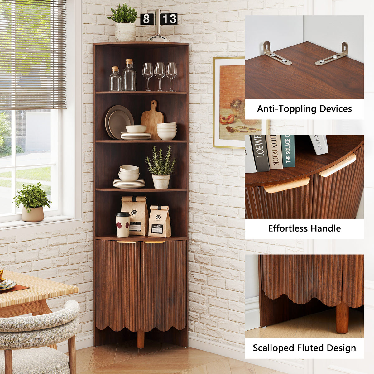 Weselon 67" Tall Corner Cabinet with Fluted Doors, 5-Tier Mid-Century Modern Corner Accent Cabinet for Living Room, Kitchen and Bathroom