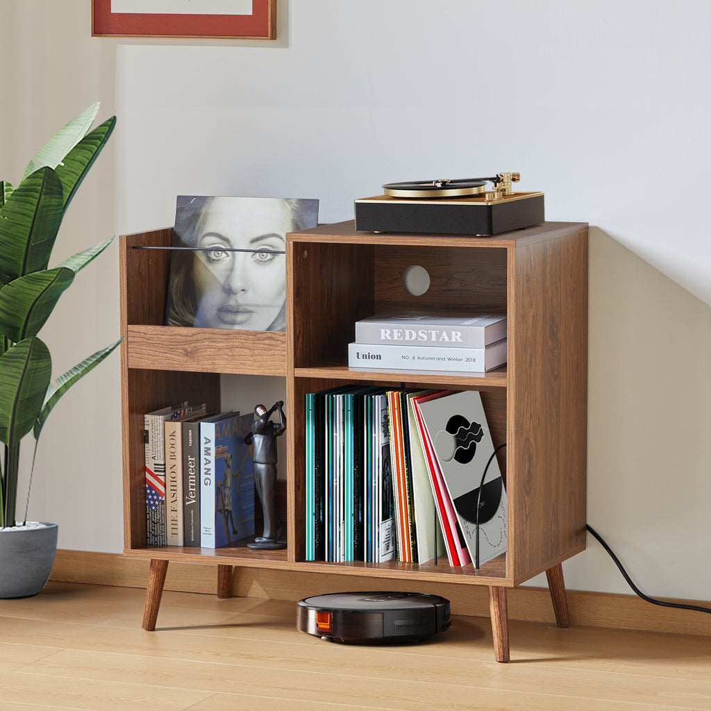 Weselon Record Storage Cabinet with Power Outlet,Record Player Stand,Record Player Table Holds up to 250 Albums,Turntable Stand Display Shelf with Wood Legs for Living Room Bedroom,Walnut Brown