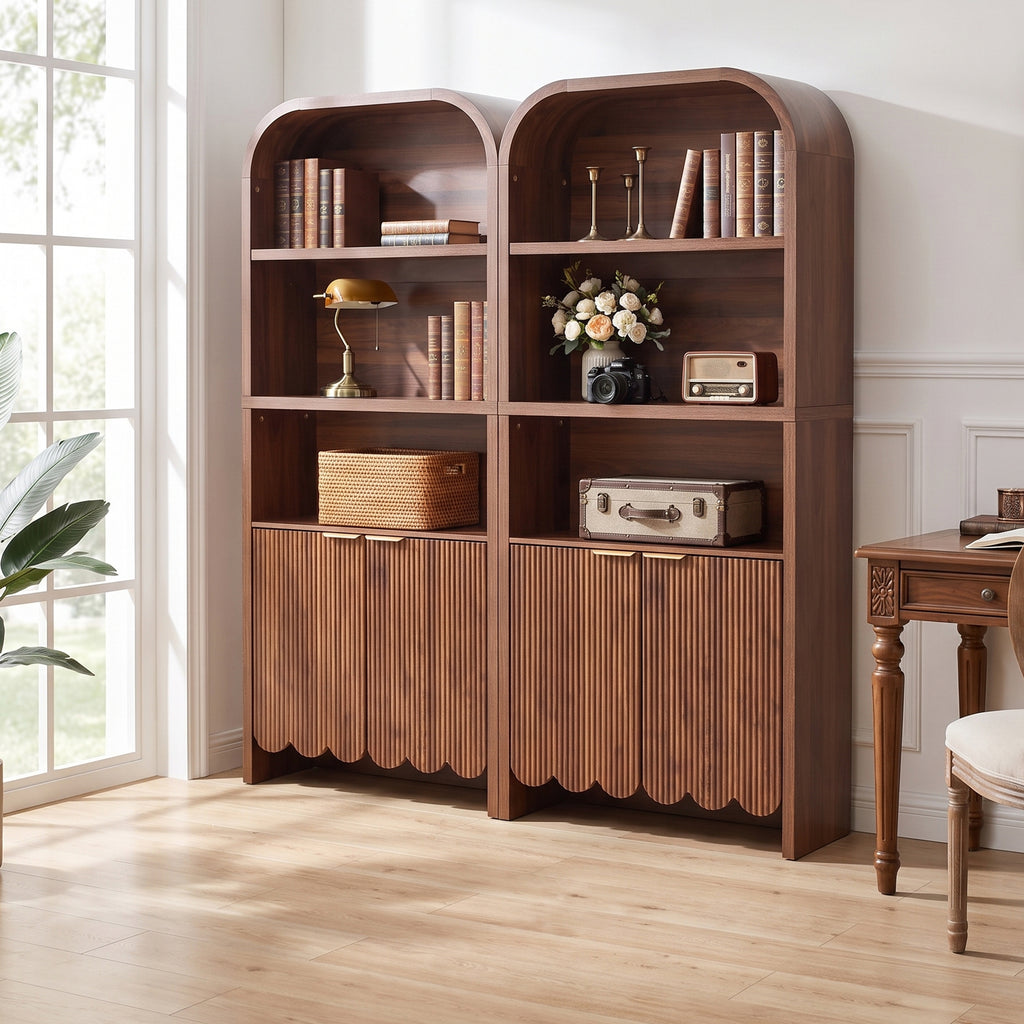 Weselon 70.86" Tall Arched Bookshelf with Fluted Doors, Modern Wooden Bookcase Cabinet, 5-Tier Walnut Display Shelf for Living Room Home Office