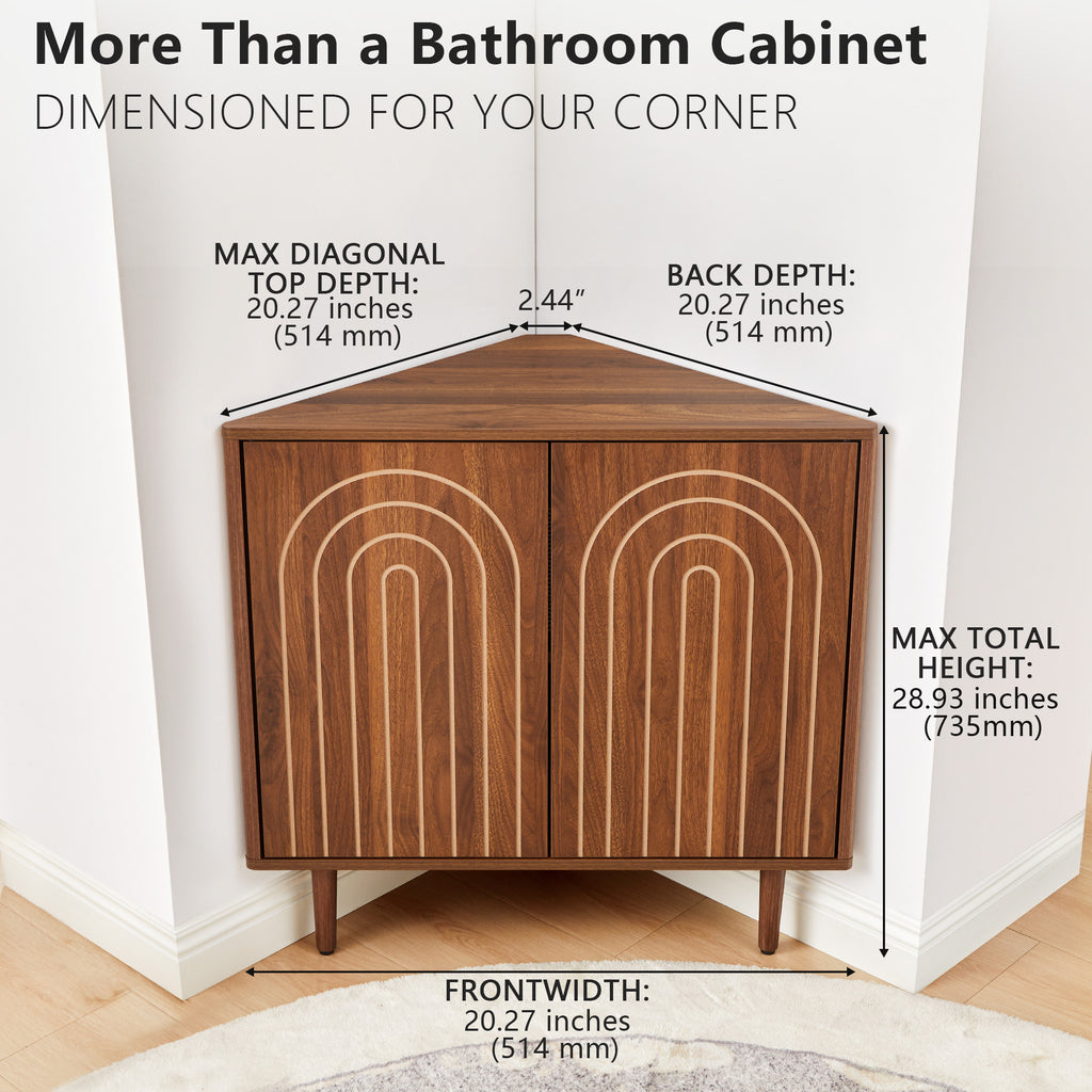 Weselon 30" Arched Relief Corner Cabinet, Mid-Century Modern Bathroom Storage Organizer with Tapered Solid Wood Legs, Walnut Entryway Accent Cabinet
