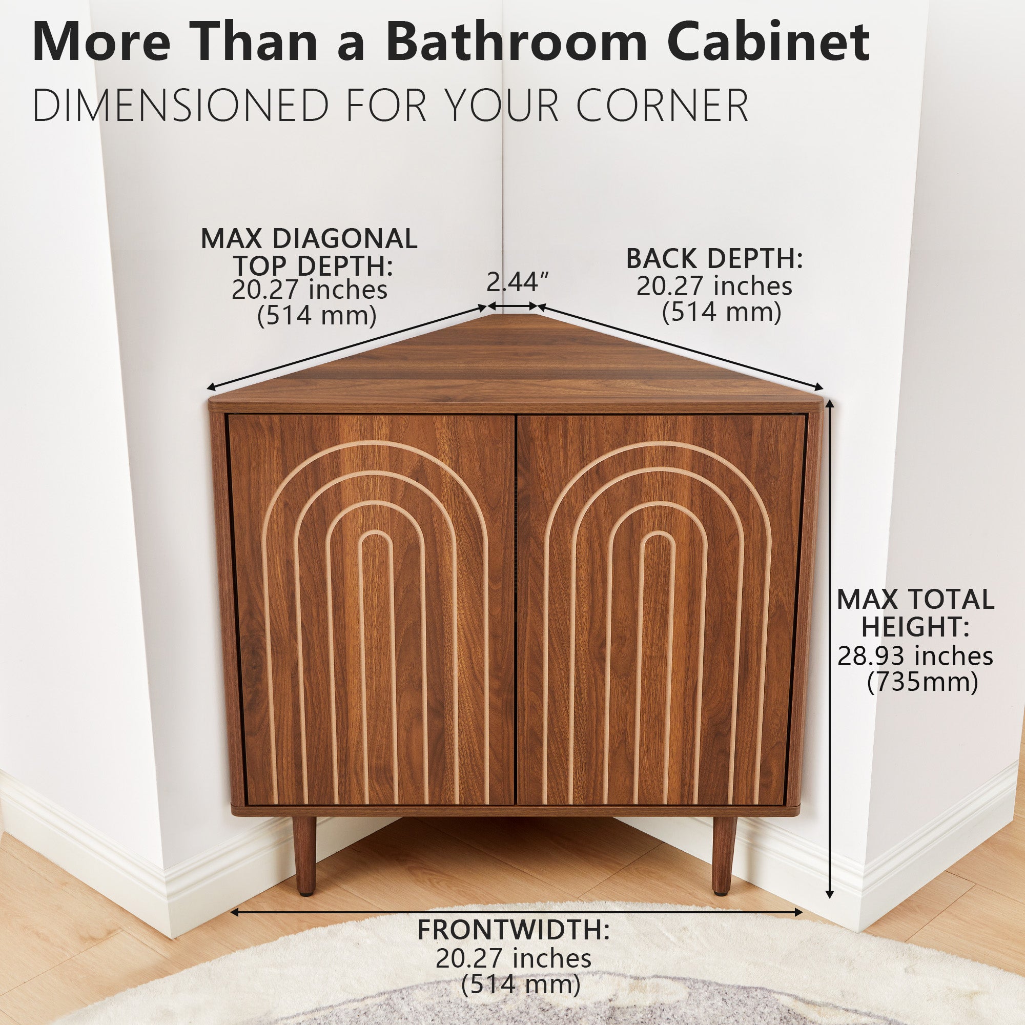 Weselon 30" Arched Relief Corner Cabinet, Mid-Century Modern Bathroom Storage Organizer with Tapered Solid Wood Legs, Walnut Entryway Accent Cabinet