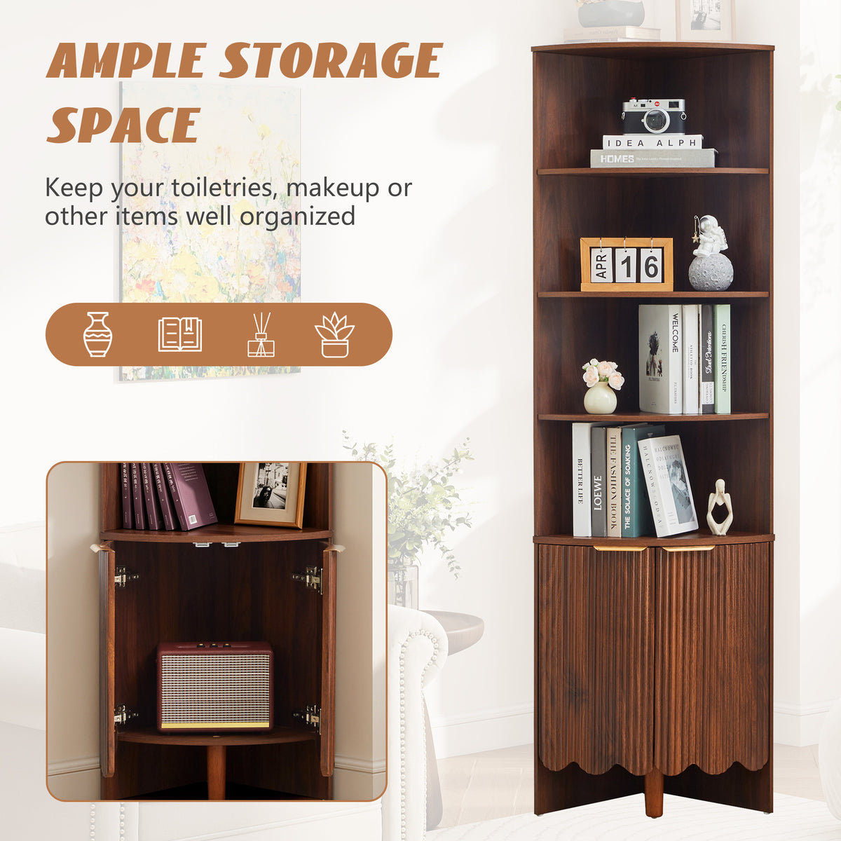 Weselon 67" Tall Corner Cabinet with Fluted Doors, 5-Tier Mid-Century Modern Corner Accent Cabinet for Living Room, Kitchen and Bathroom