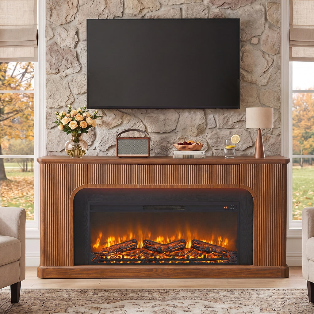 Weselon 70" Modern Fluted Electric Fireplace Mantel, Ultra-Slim Fireplace TV Stand with 3 Drawers and Charging Station for Wall Mounted TV